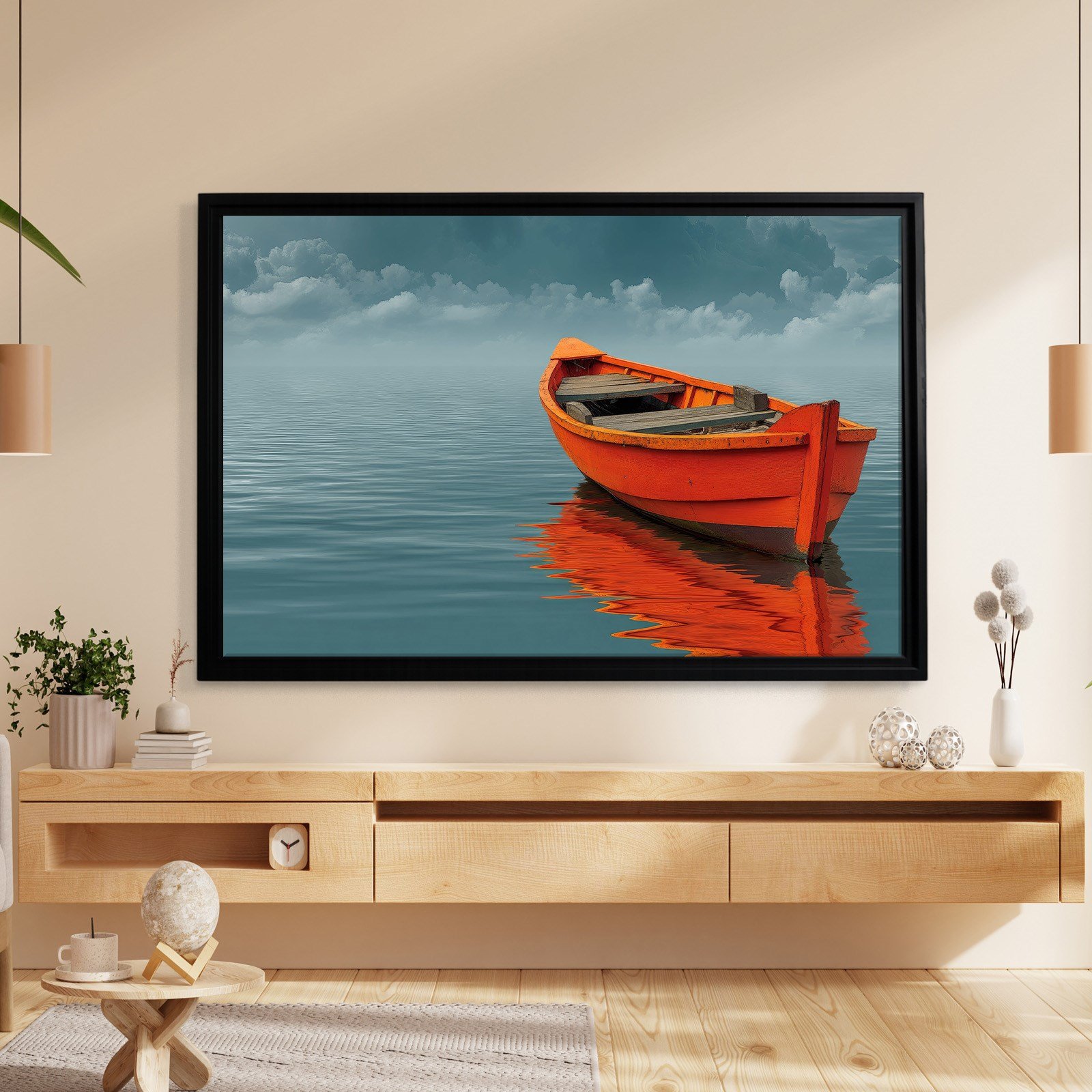 Turuncu Tekne Deniz Manzaralı Kanvas Tablo | Minimal Deniz Dekoru