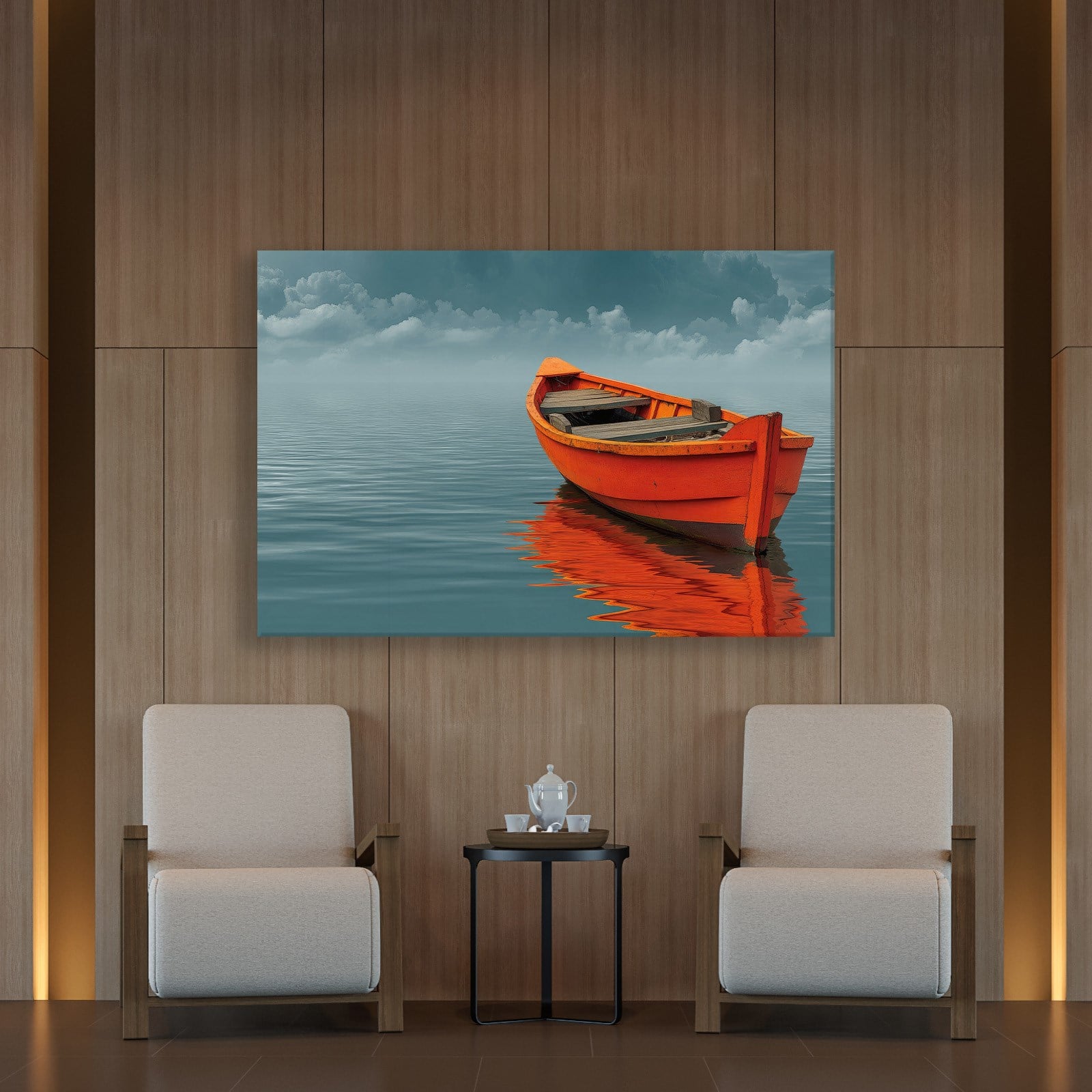 Turuncu Tekne Deniz Manzaralı Kanvas Tablo | Minimal Deniz Dekoru