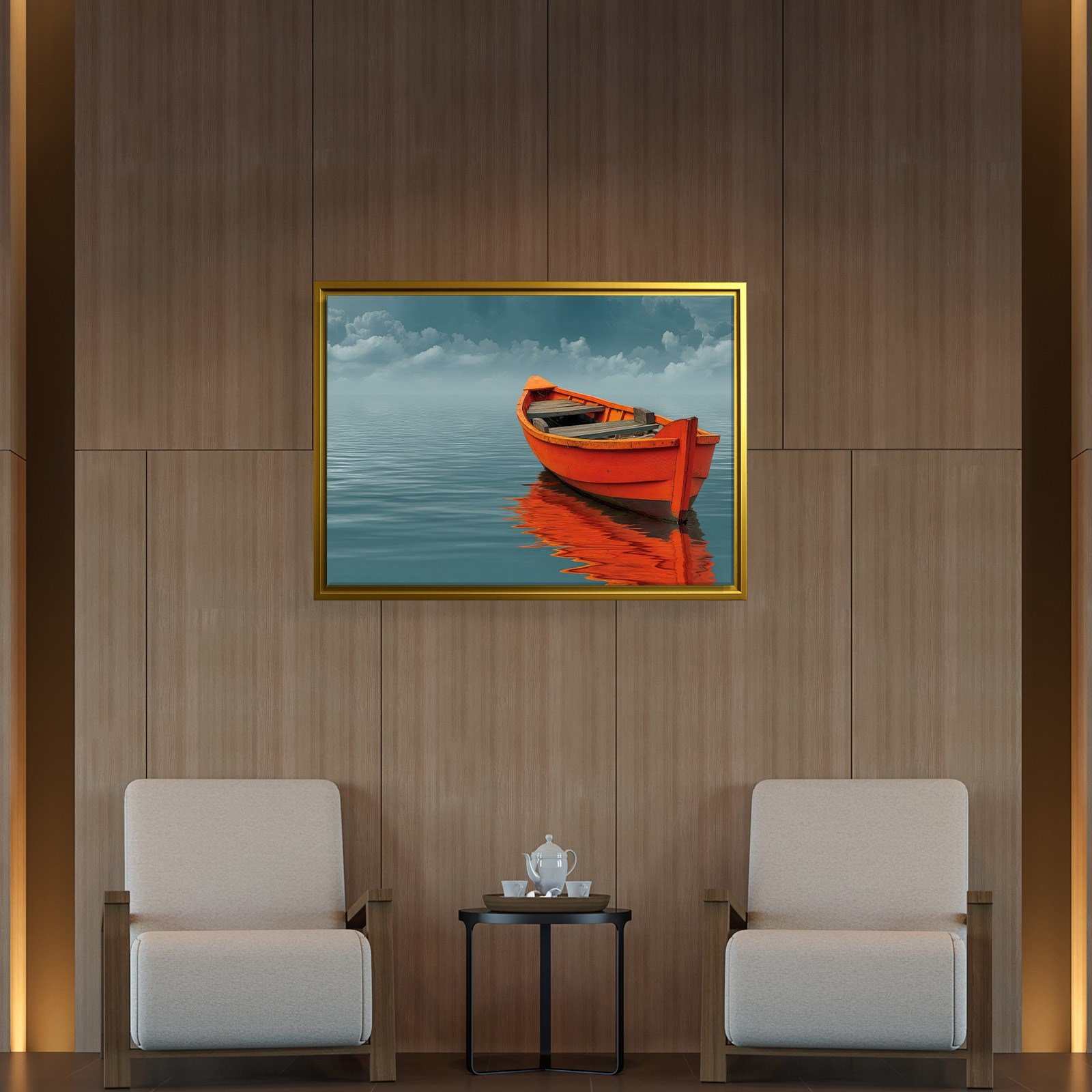 Turuncu Tekne Deniz Manzaralı Kanvas Tablo | Minimal Deniz Dekoru