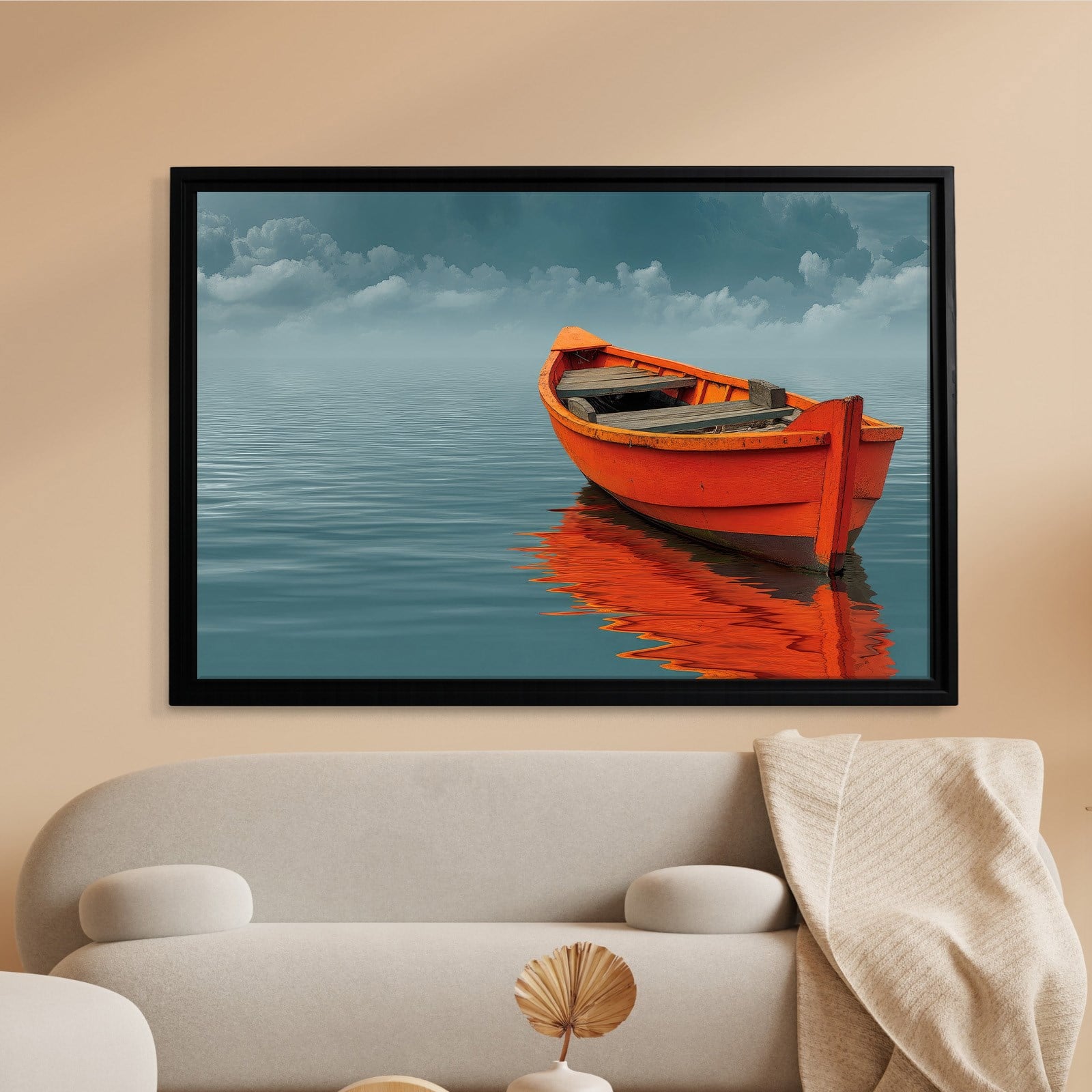 Turuncu Tekne Deniz Manzaralı Kanvas Tablo | Minimal Deniz Dekoru