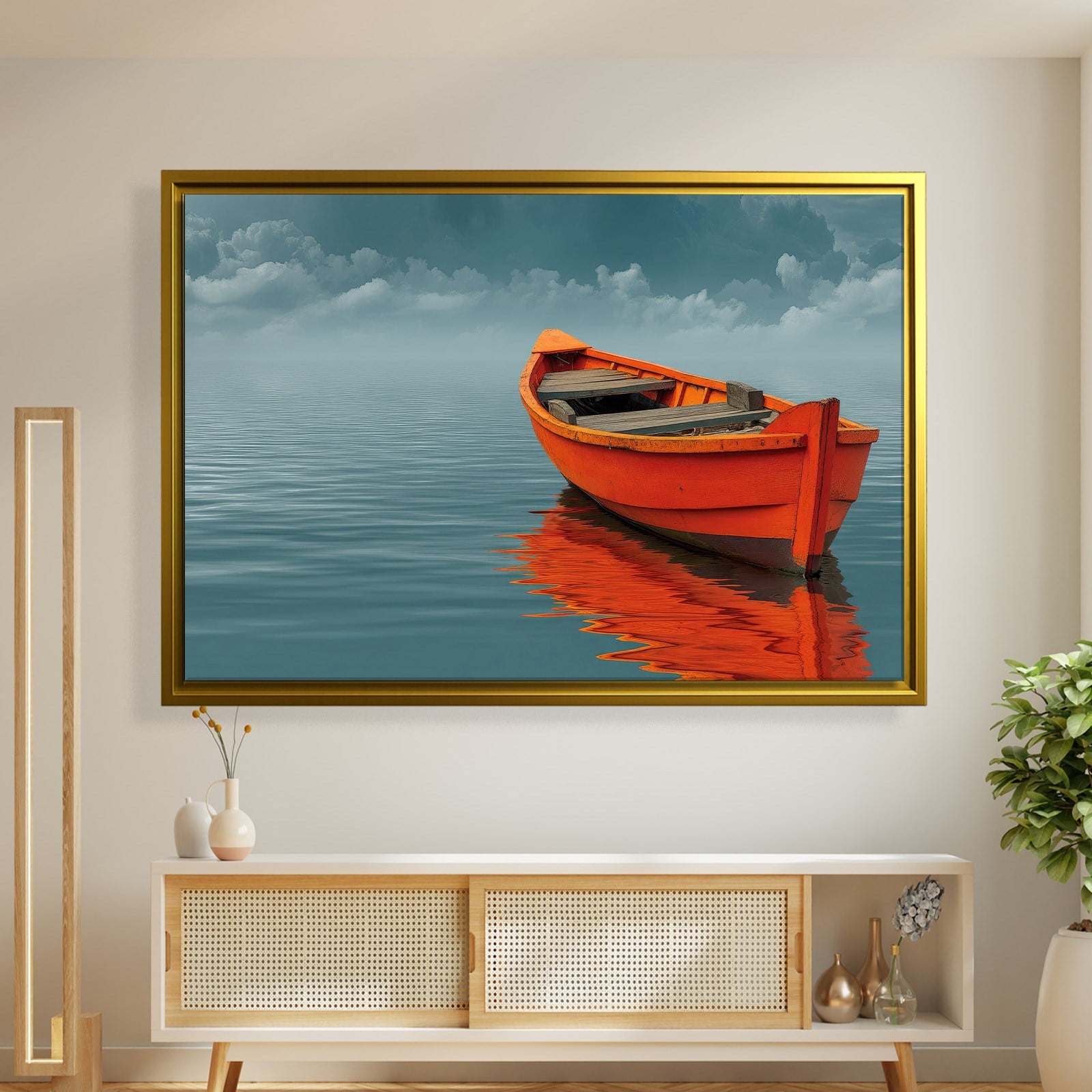Turuncu Tekne Deniz Manzaralı Kanvas Tablo | Minimal Deniz Dekoru