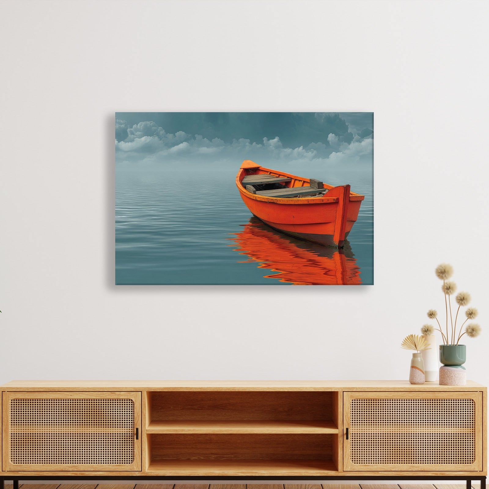 Turuncu Tekne Deniz Manzaralı Kanvas Tablo | Minimal Deniz Dekoru
