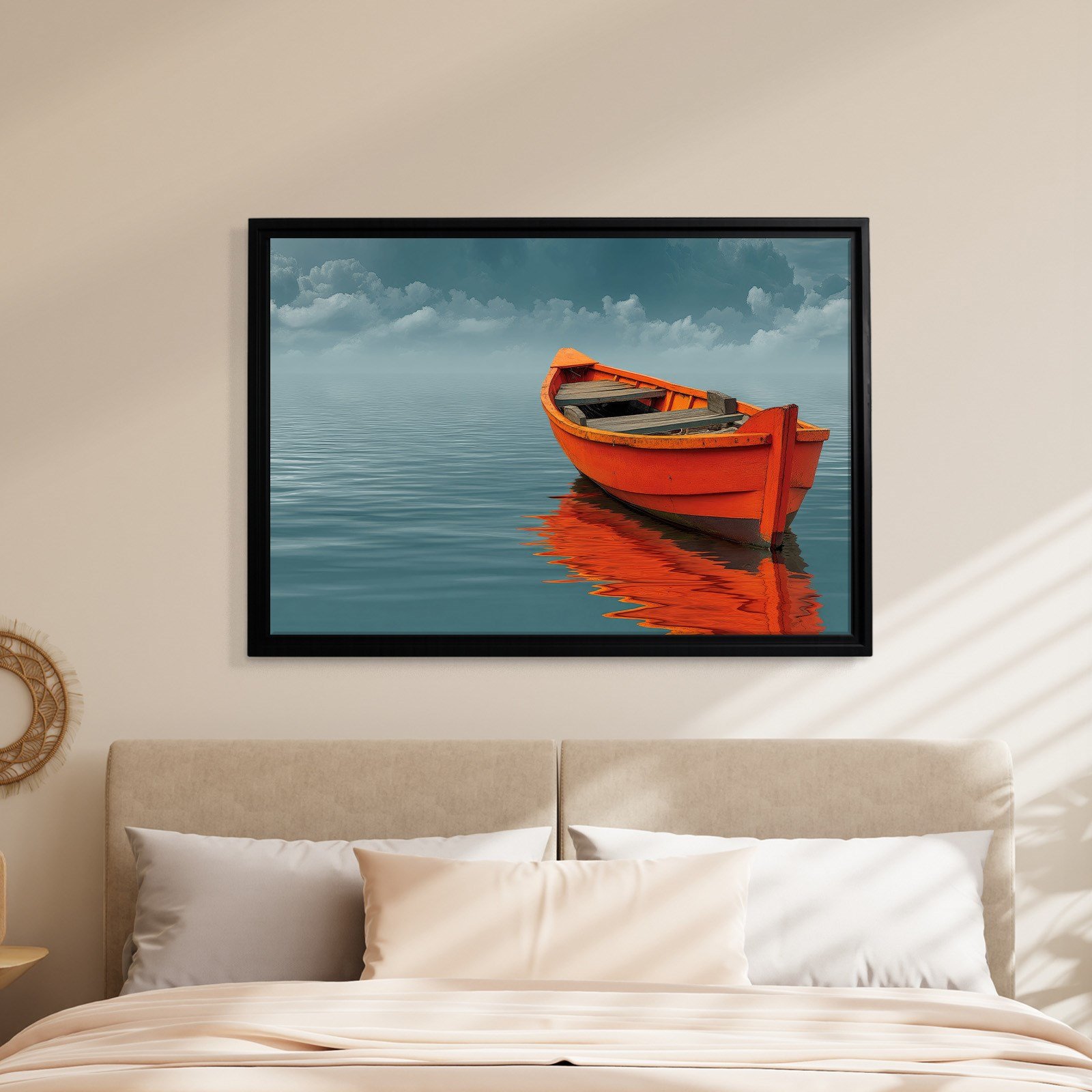 Turuncu Tekne Deniz Manzaralı Kanvas Tablo | Minimal Deniz Dekoru