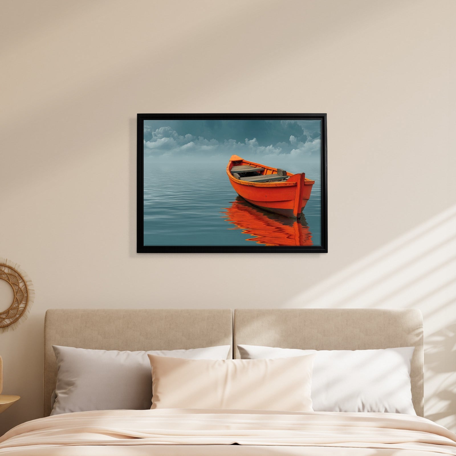 Turuncu Tekne Deniz Manzaralı Kanvas Tablo | Minimal Deniz Dekoru