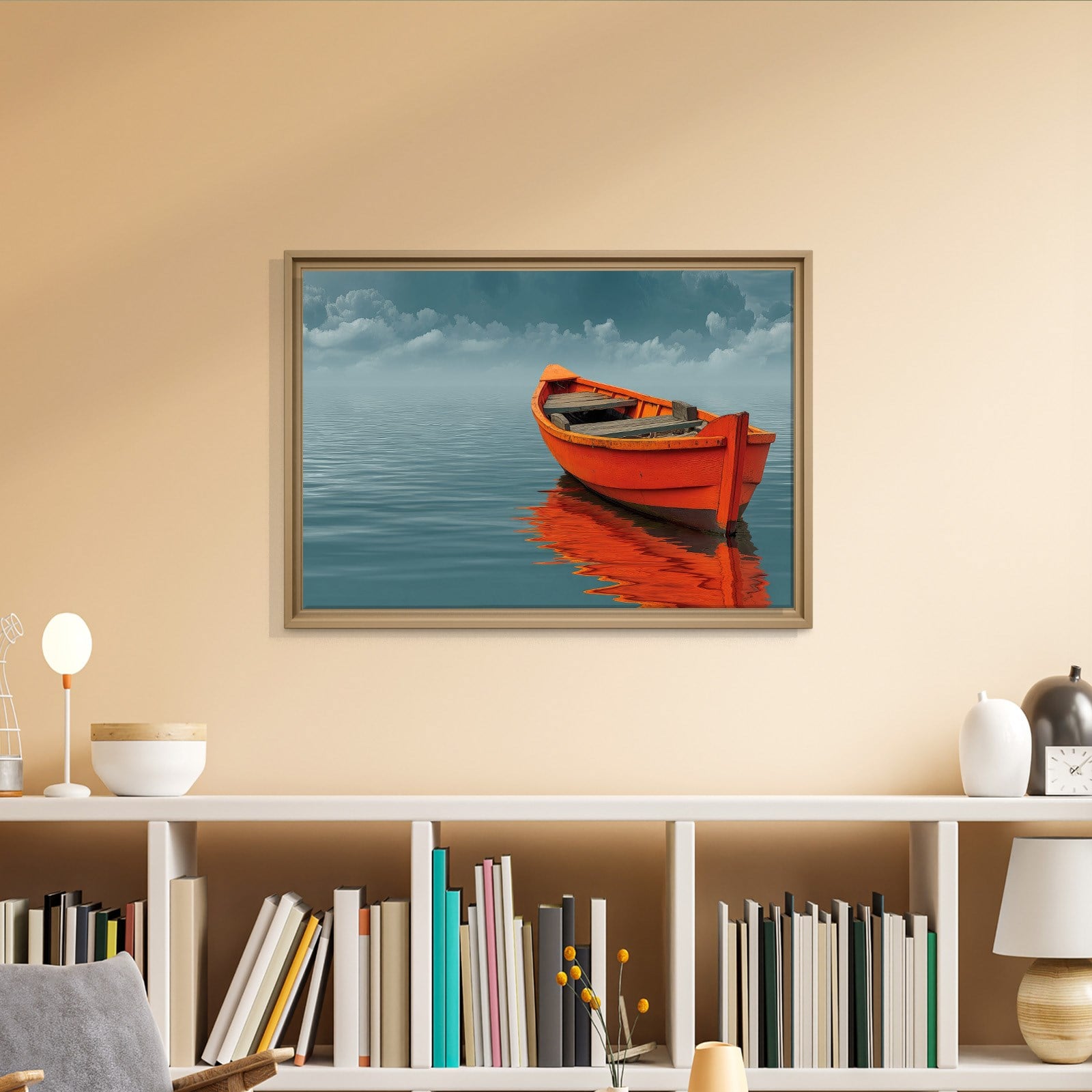 Turuncu Tekne Deniz Manzaralı Kanvas Tablo | Minimal Deniz Dekoru