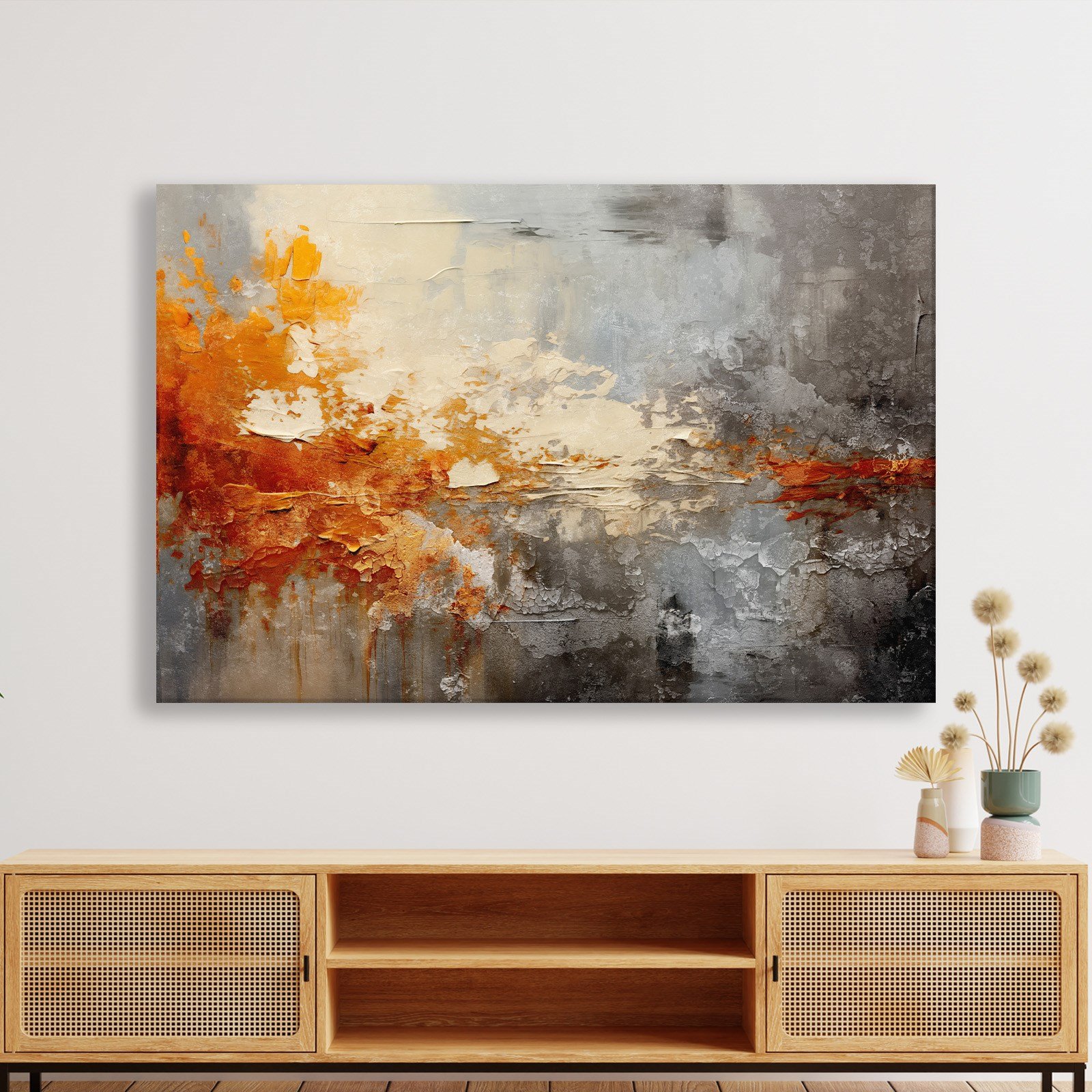 Turuncu ve Gri Soyut Kanvas Tablo | Modern Dokulu Premium Duvar Sanatı