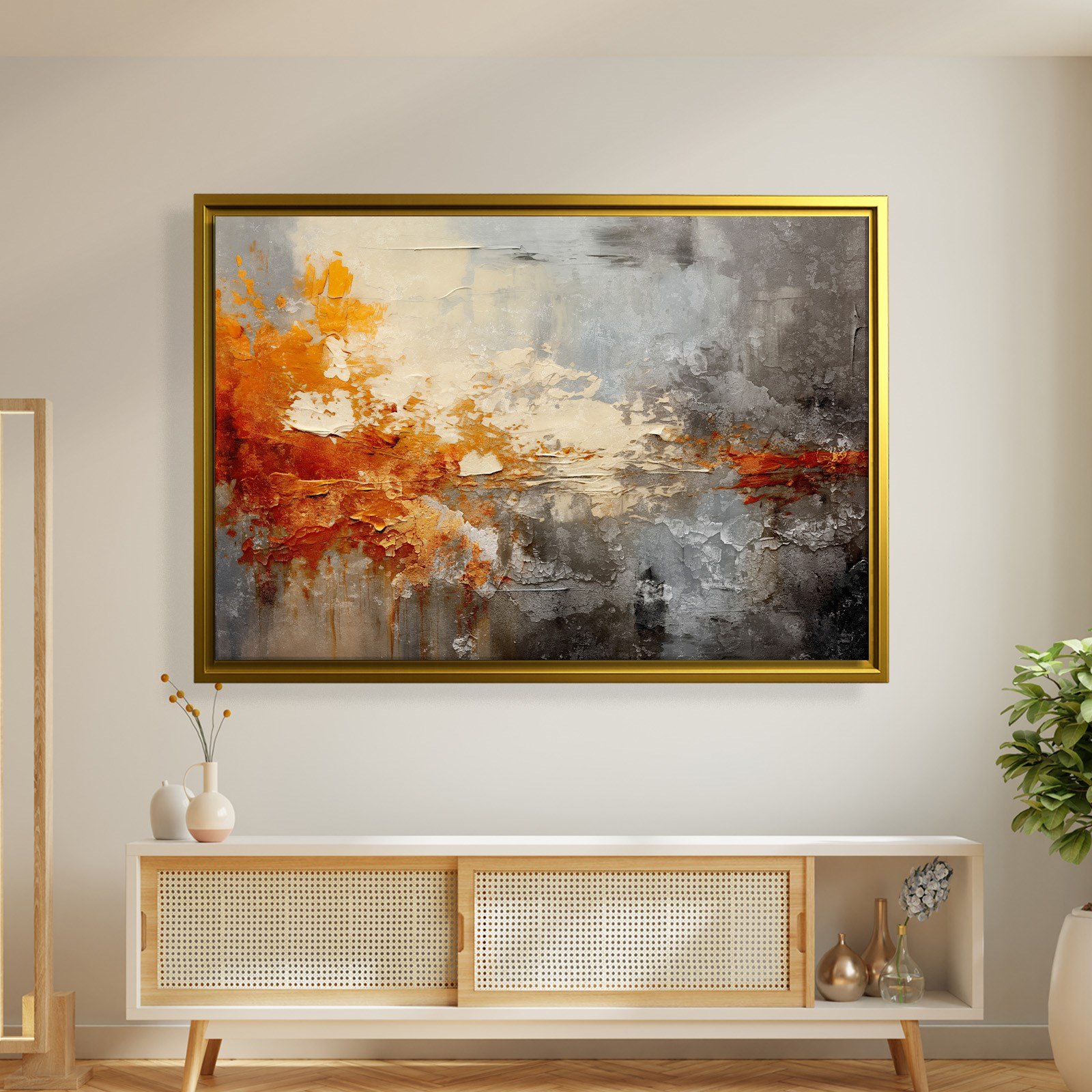 Turuncu ve Gri Soyut Kanvas Tablo | Modern Dokulu Premium Duvar Sanatı