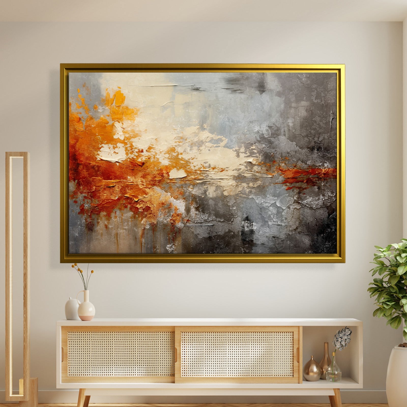 Turuncu ve Gri Soyut Kanvas Tablo | Modern Dokulu Premium Duvar Sanatı