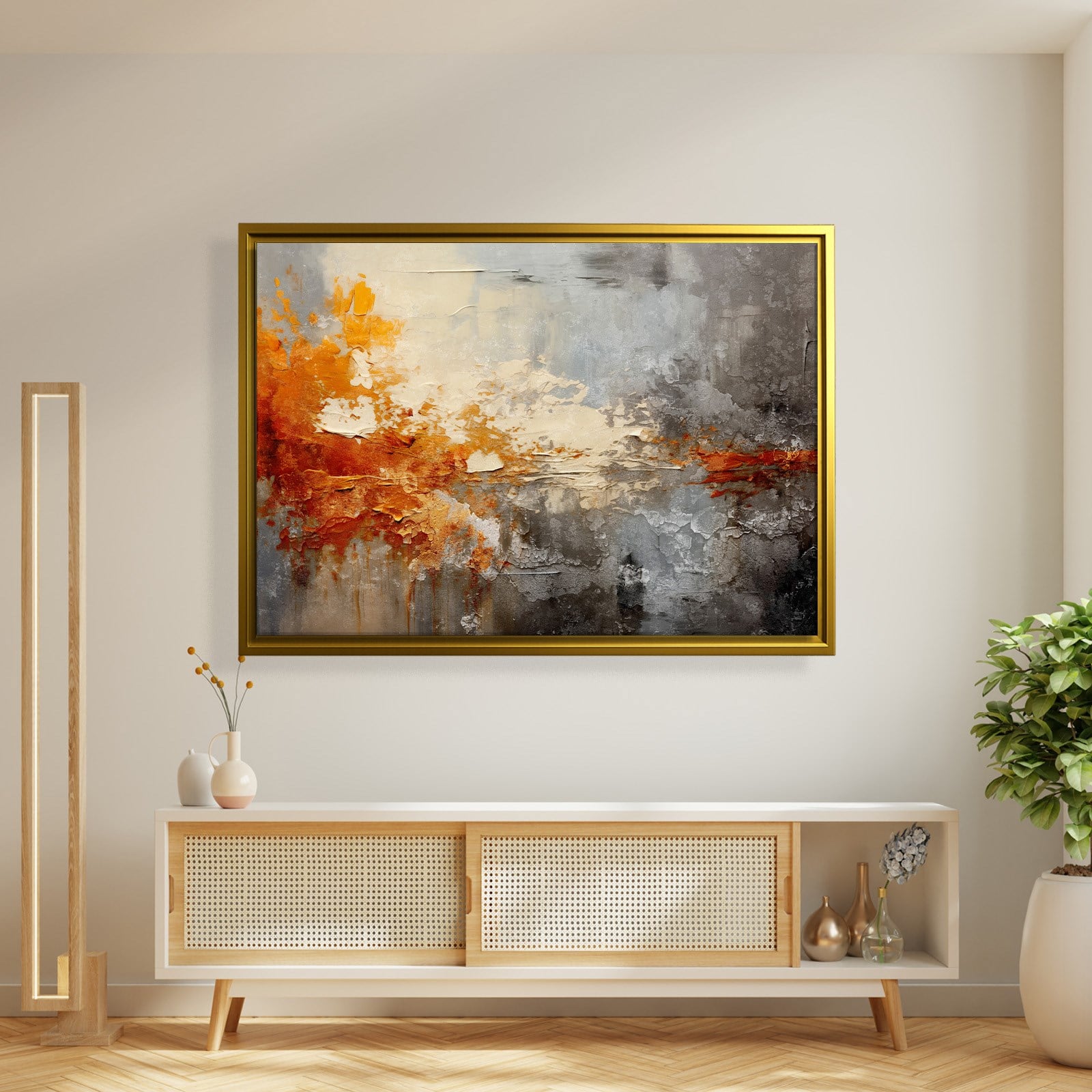 Turuncu ve Gri Soyut Kanvas Tablo | Modern Dokulu Premium Duvar Sanatı