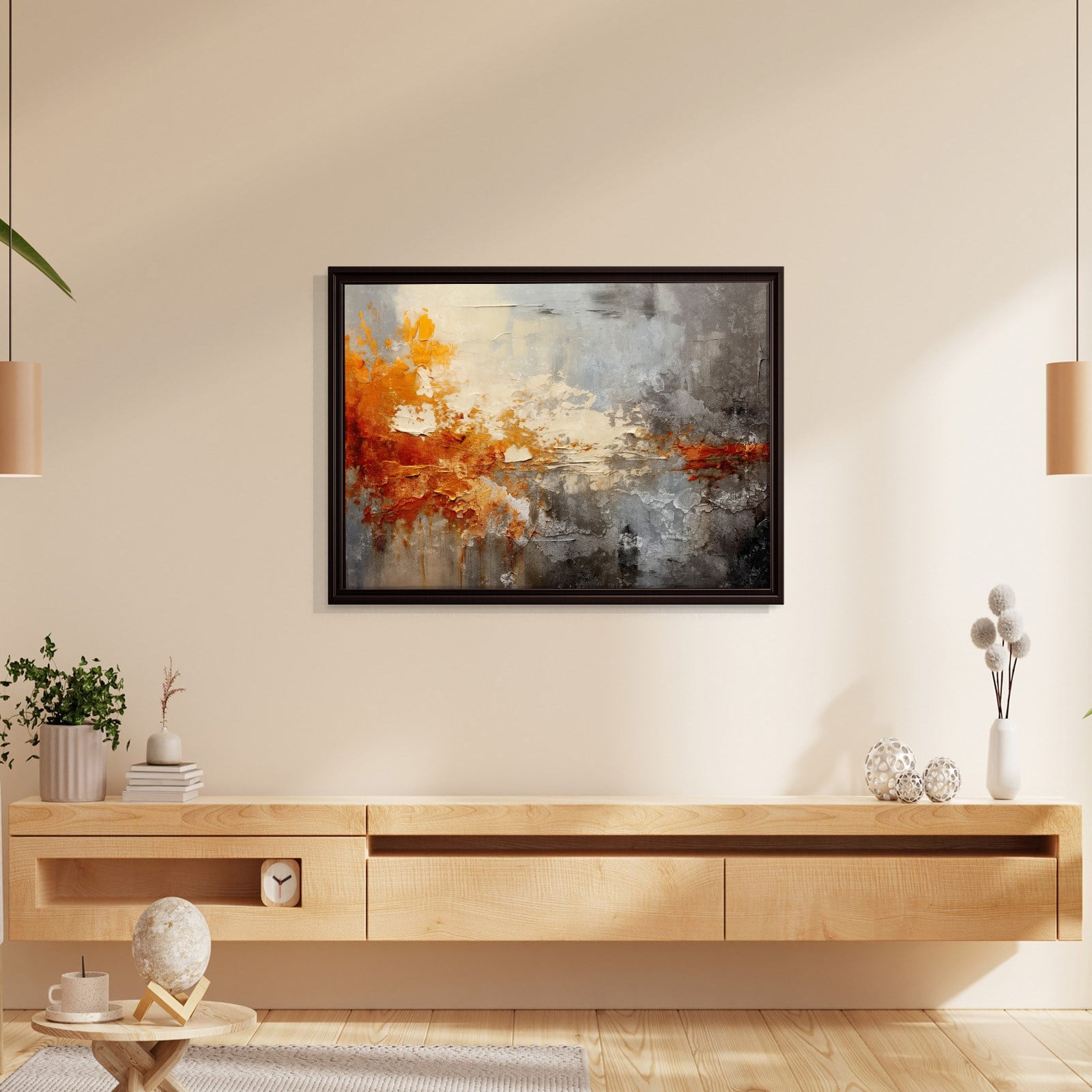 Turuncu ve Gri Soyut Kanvas Tablo | Modern Dokulu Premium Duvar Sanatı