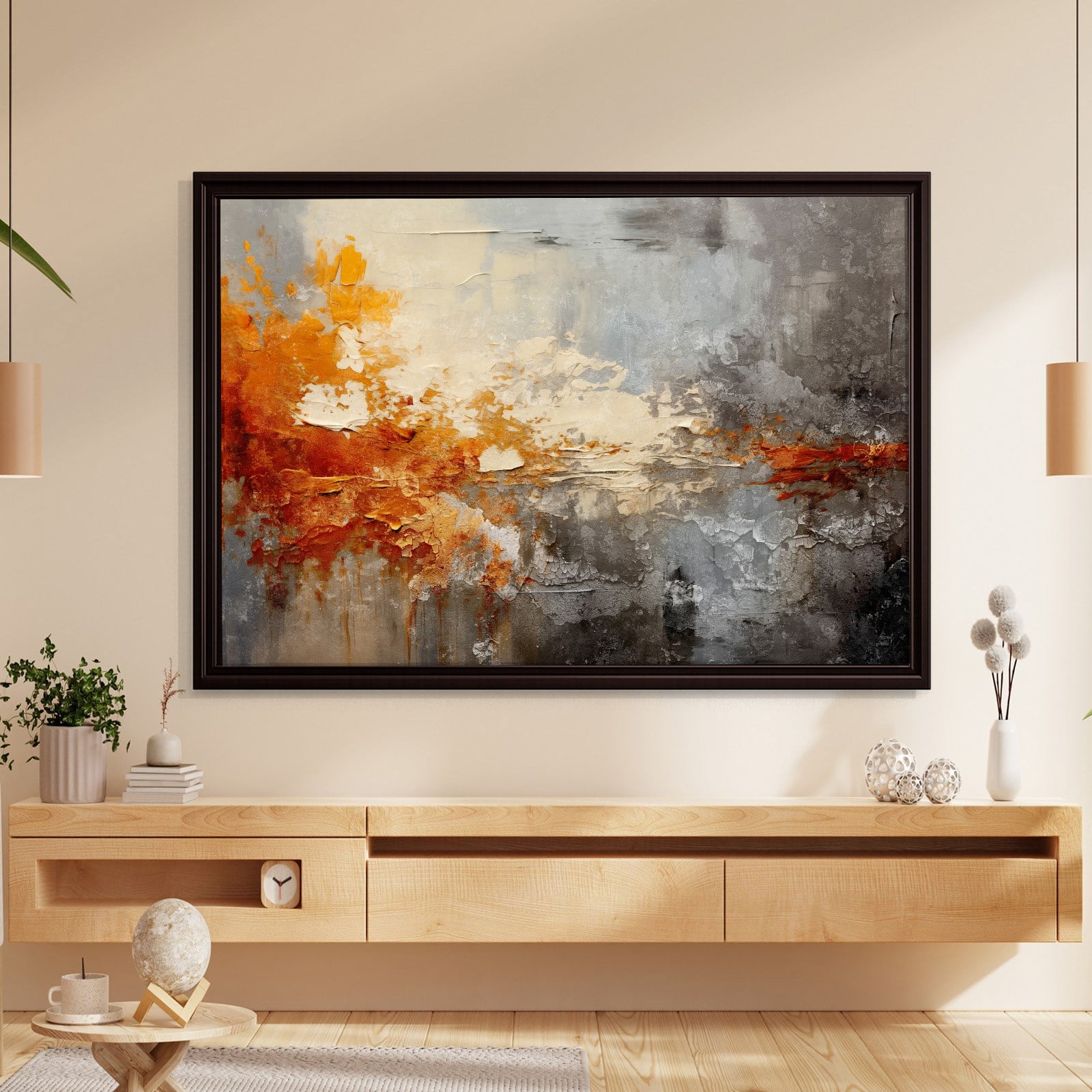 Turuncu ve Gri Soyut Kanvas Tablo | Modern Dokulu Premium Duvar Sanatı