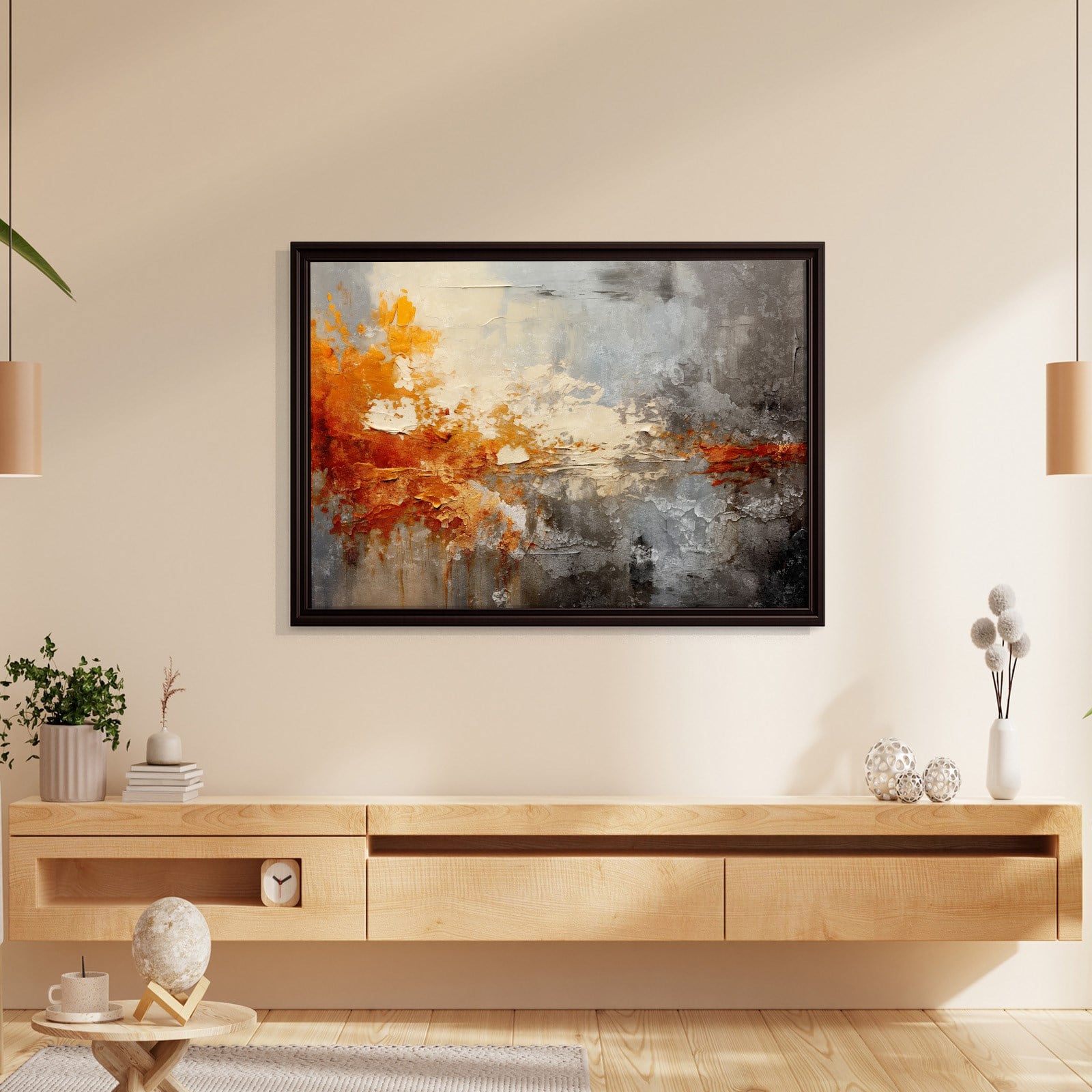 Turuncu ve Gri Soyut Kanvas Tablo | Modern Dokulu Premium Duvar Sanatı