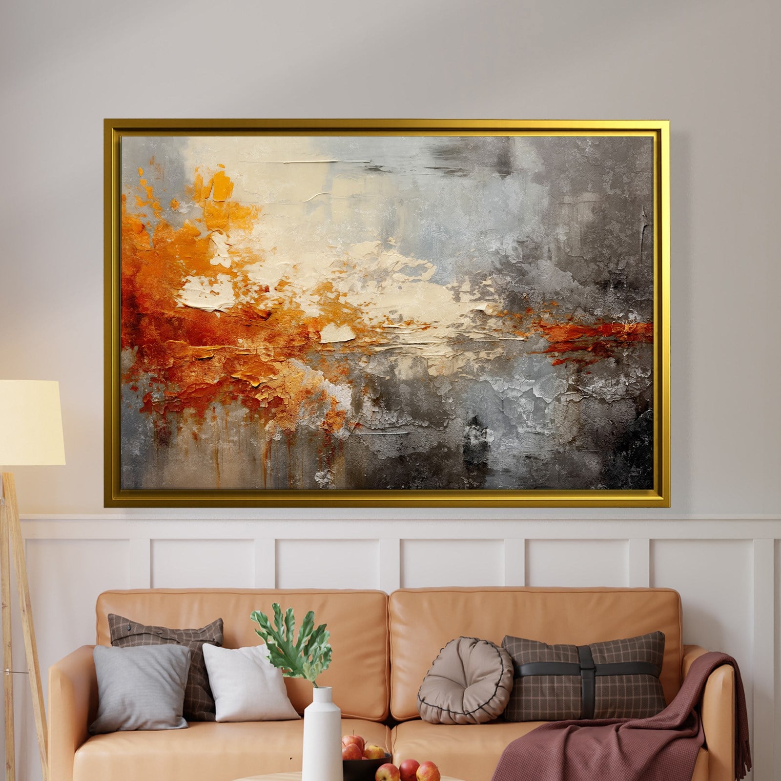 Turuncu ve Gri Soyut Kanvas Tablo | Modern Dokulu Premium Duvar Sanatı