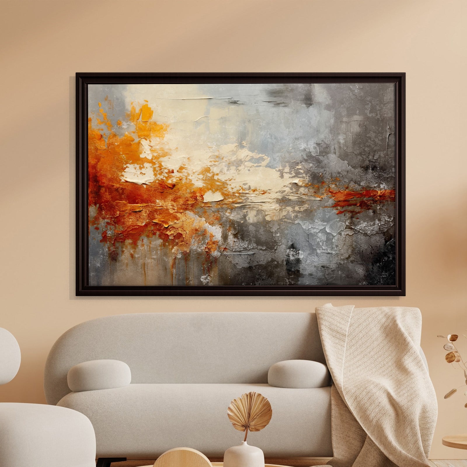Turuncu ve Gri Soyut Kanvas Tablo | Modern Dokulu Premium Duvar Sanatı