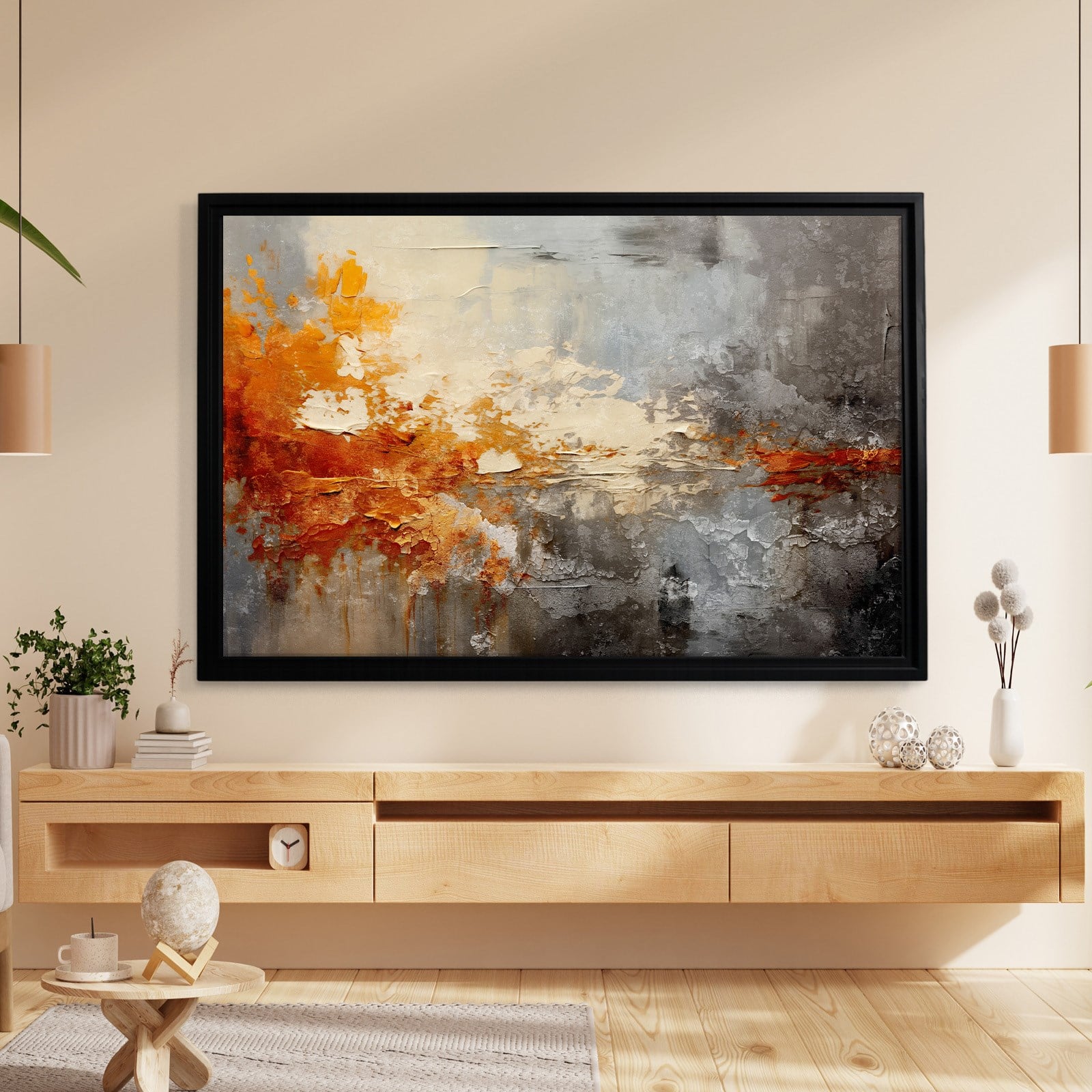 Turuncu ve Gri Soyut Kanvas Tablo | Modern Dokulu Premium Duvar Sanatı
