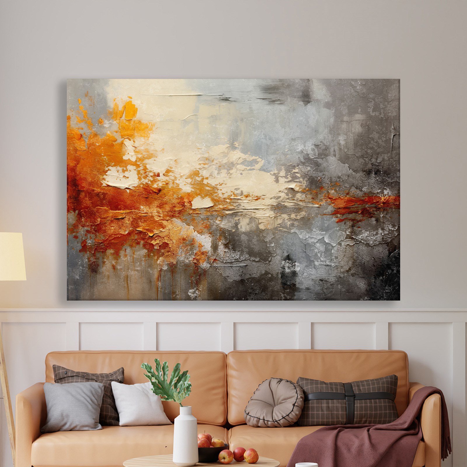 Turuncu ve Gri Soyut Kanvas Tablo | Modern Dokulu Premium Duvar Sanatı