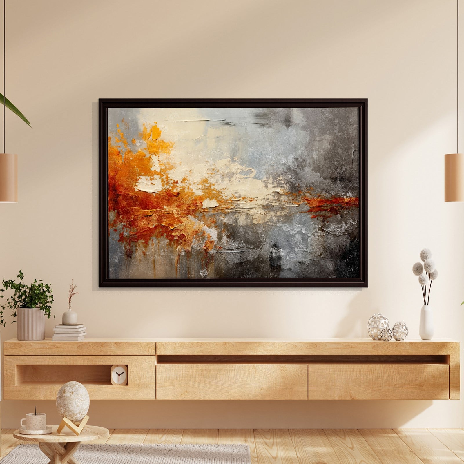Turuncu ve Gri Soyut Kanvas Tablo | Modern Dokulu Premium Duvar Sanatı