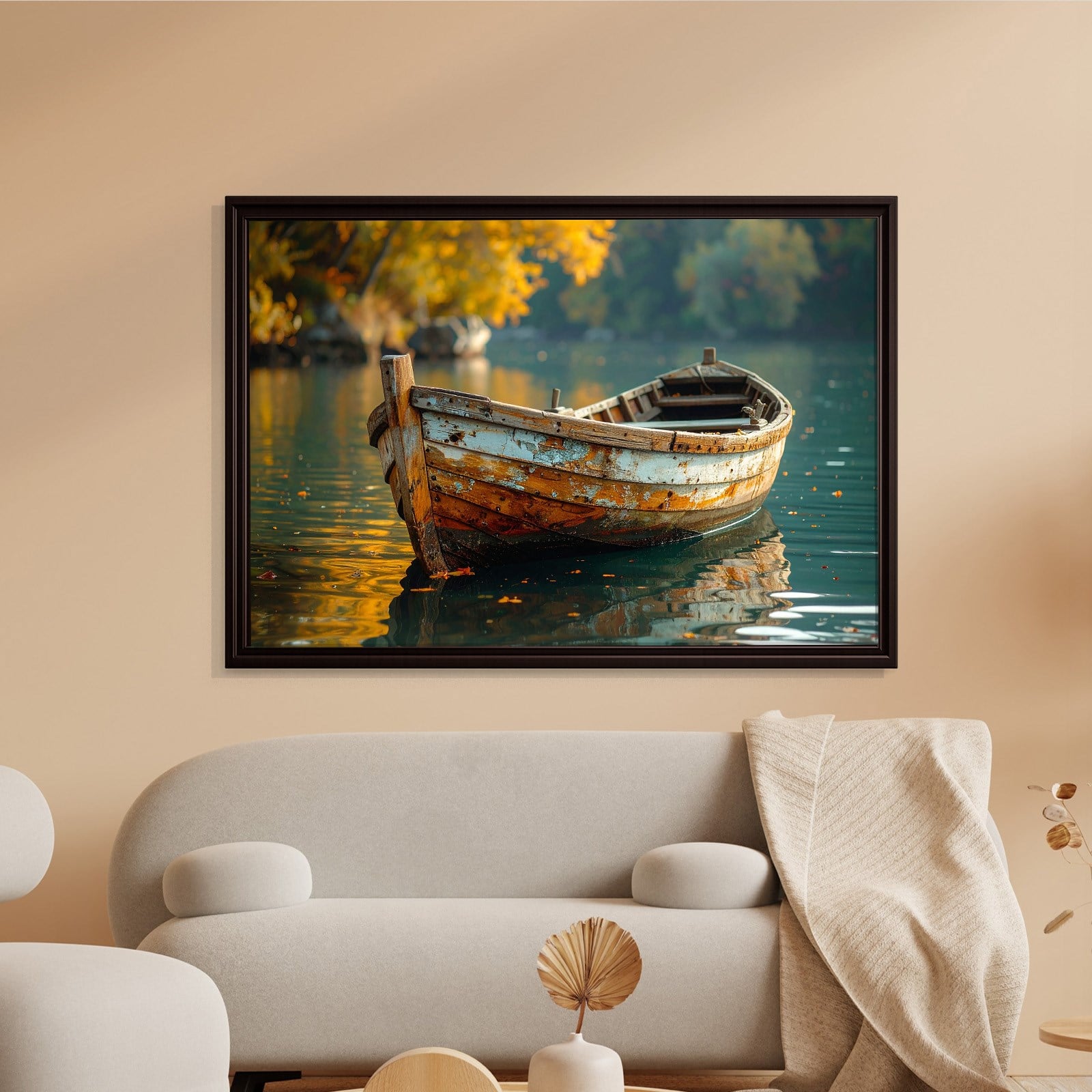 Vintage Ahşap Kayık Kanvas Tablo | Göl Manzaralı Rustik Premium Duvar Sanatı