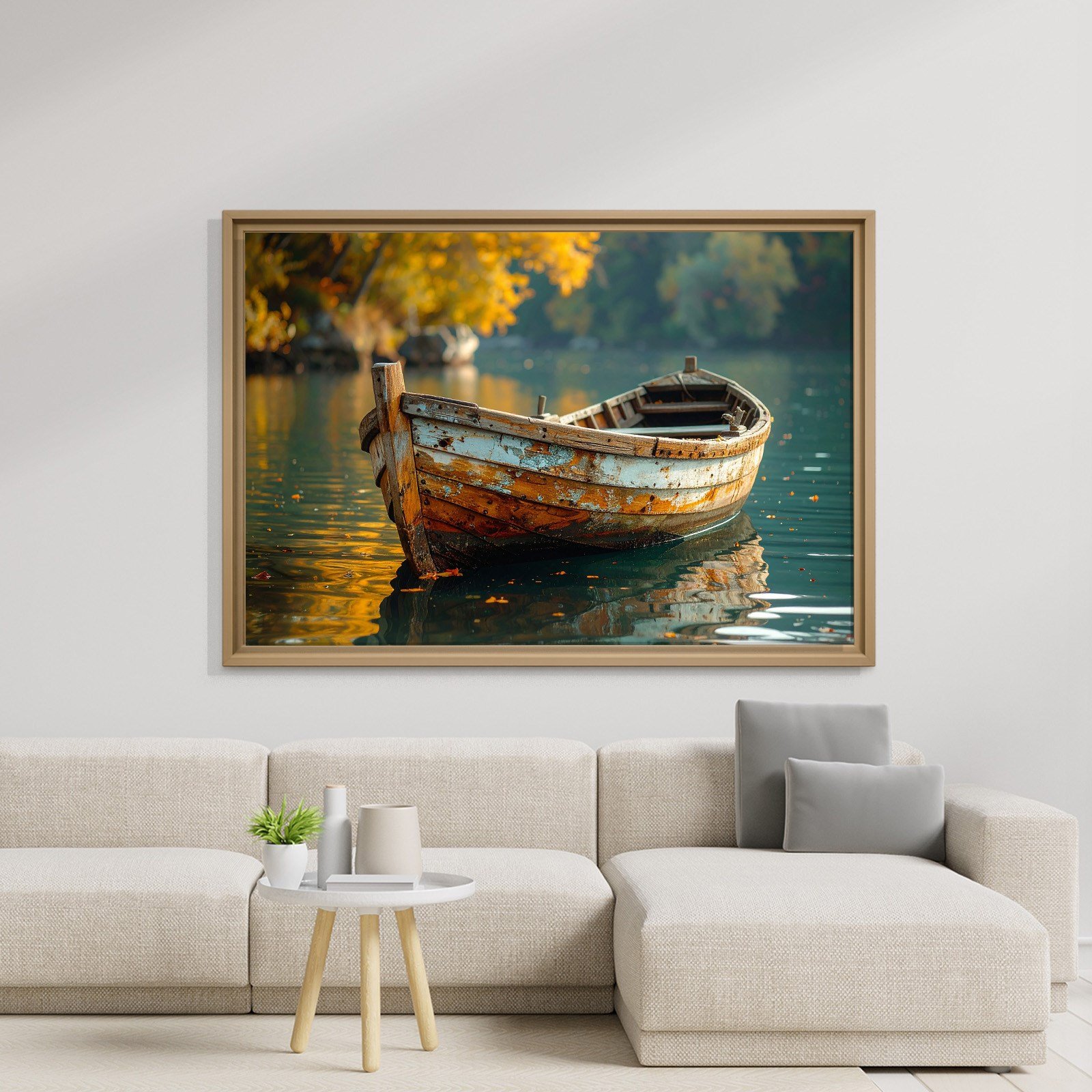Vintage Ahşap Kayık Kanvas Tablo | Göl Manzaralı Rustik Premium Duvar Sanatı