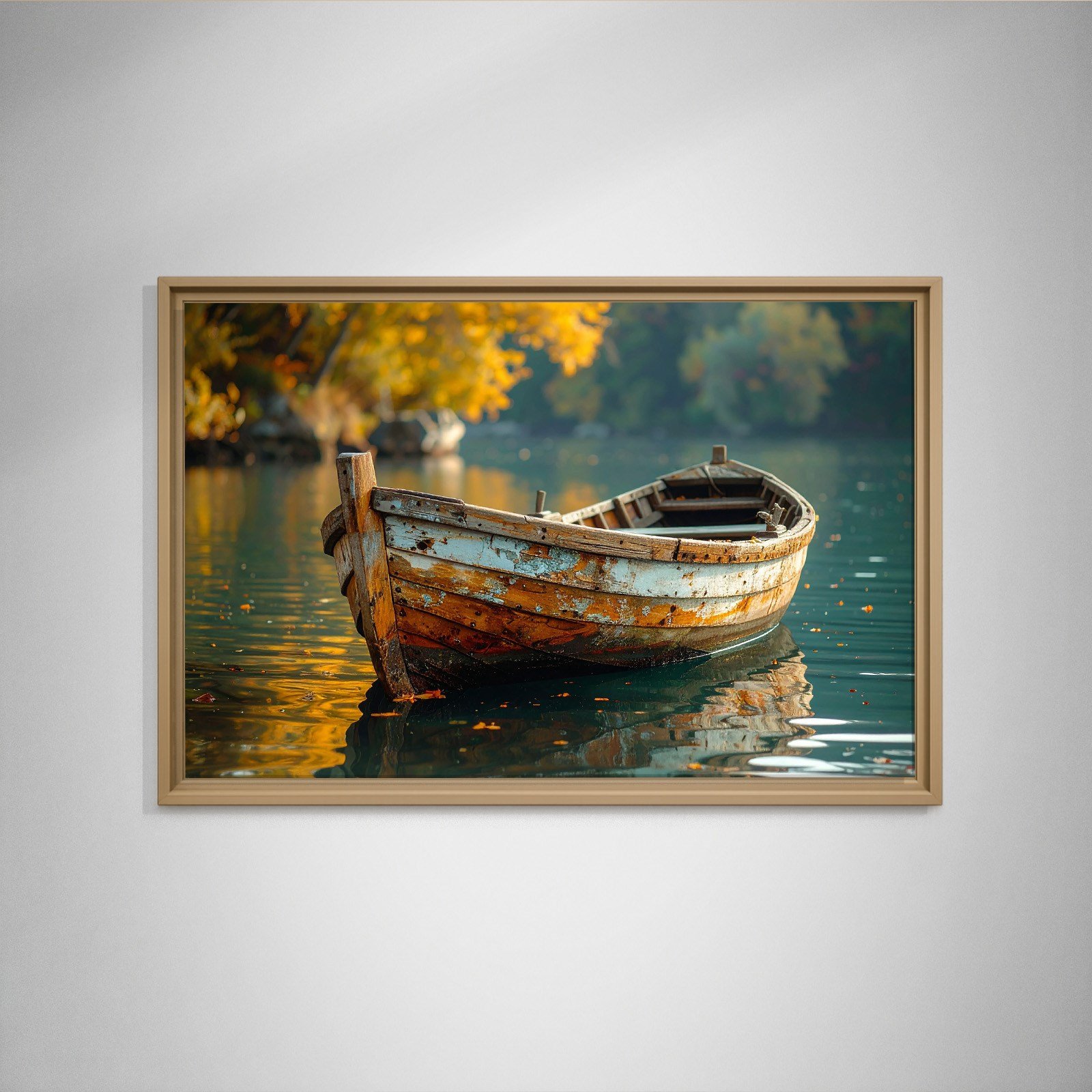 Vintage Ahşap Kayık Kanvas Tablo | Göl Manzaralı Rustik Premium Duvar Sanatı
