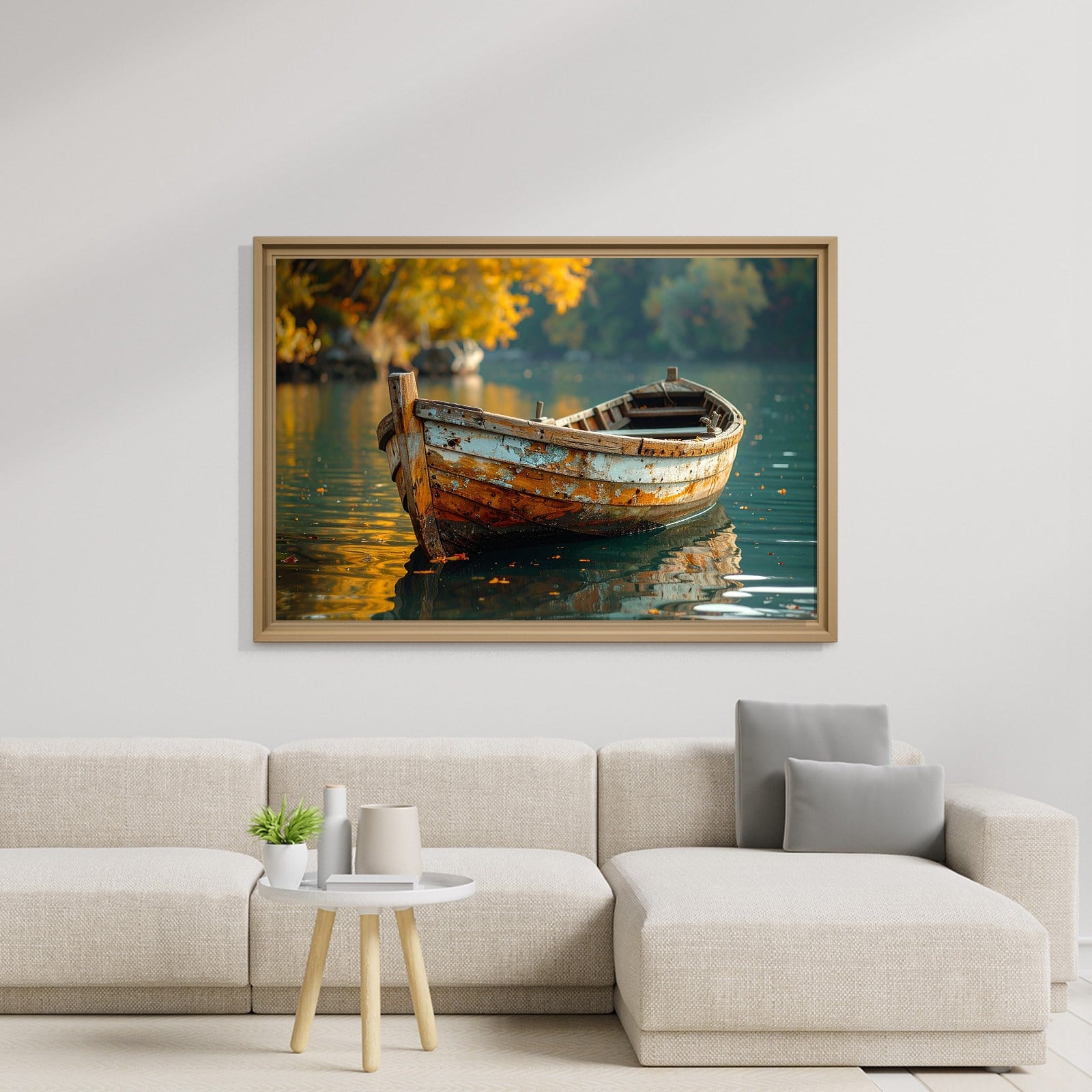 Vintage Ahşap Kayık Kanvas Tablo | Göl Manzaralı Rustik Premium Duvar Sanatı