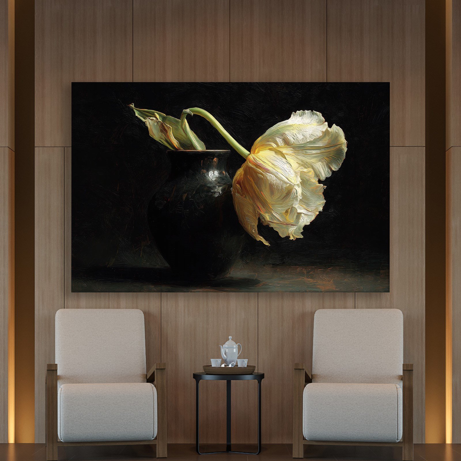 Zarif Lale – Siyah Vazoda Sanatsal Çiçek Kanvas Tablo