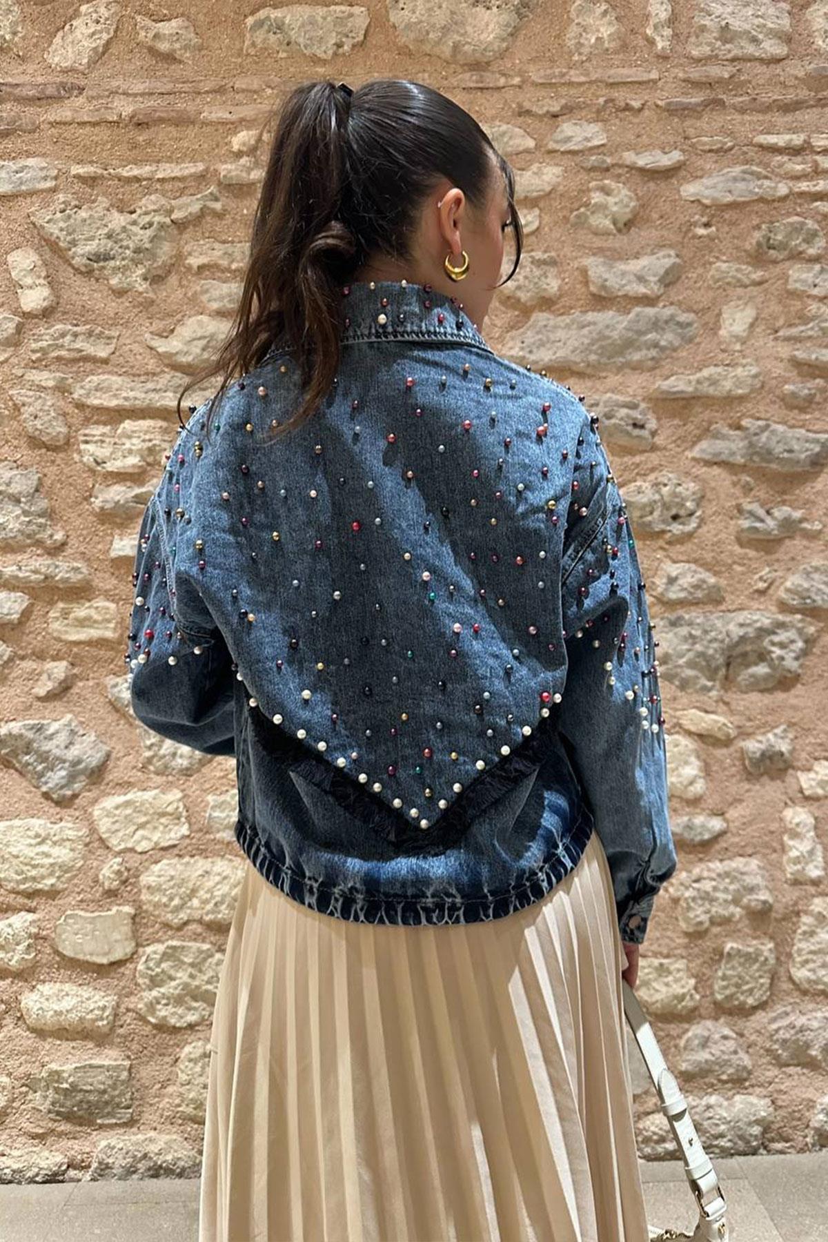 The Bark Belden Lastikli İnci Detay Kadın Kot Ceket 6092-638 Mavi