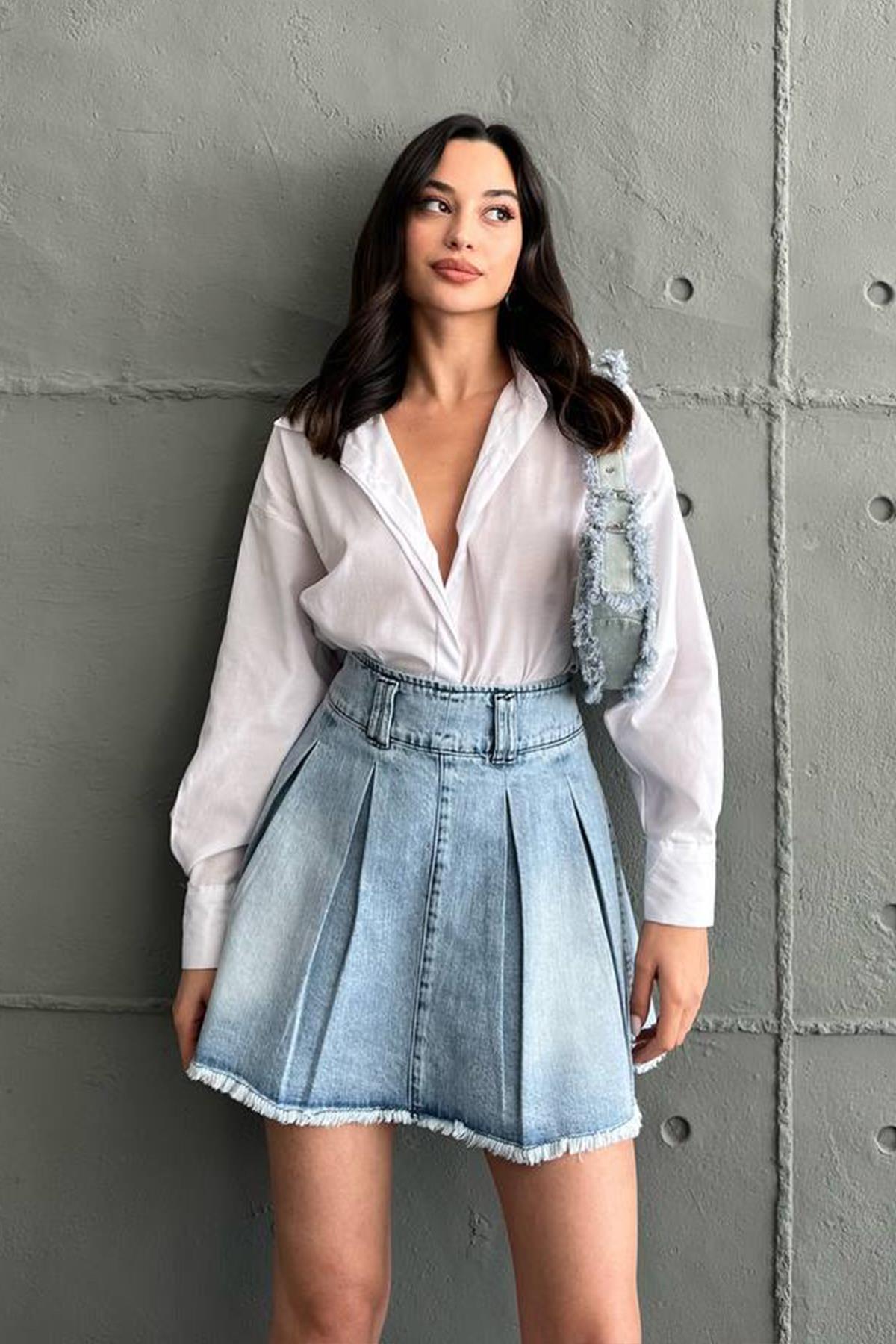 The Bark Pileli Mini Kadın Jean Etek 70380 Buz Mavisi