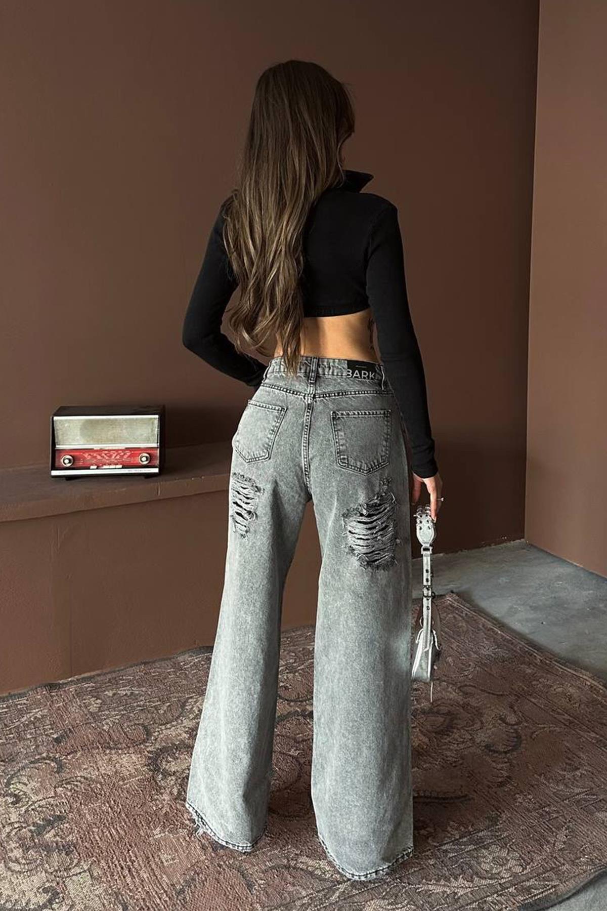 The Bark Rahat Kalıp Lazer Detaylı Kadın Jean Pantolon 40396 Siyah