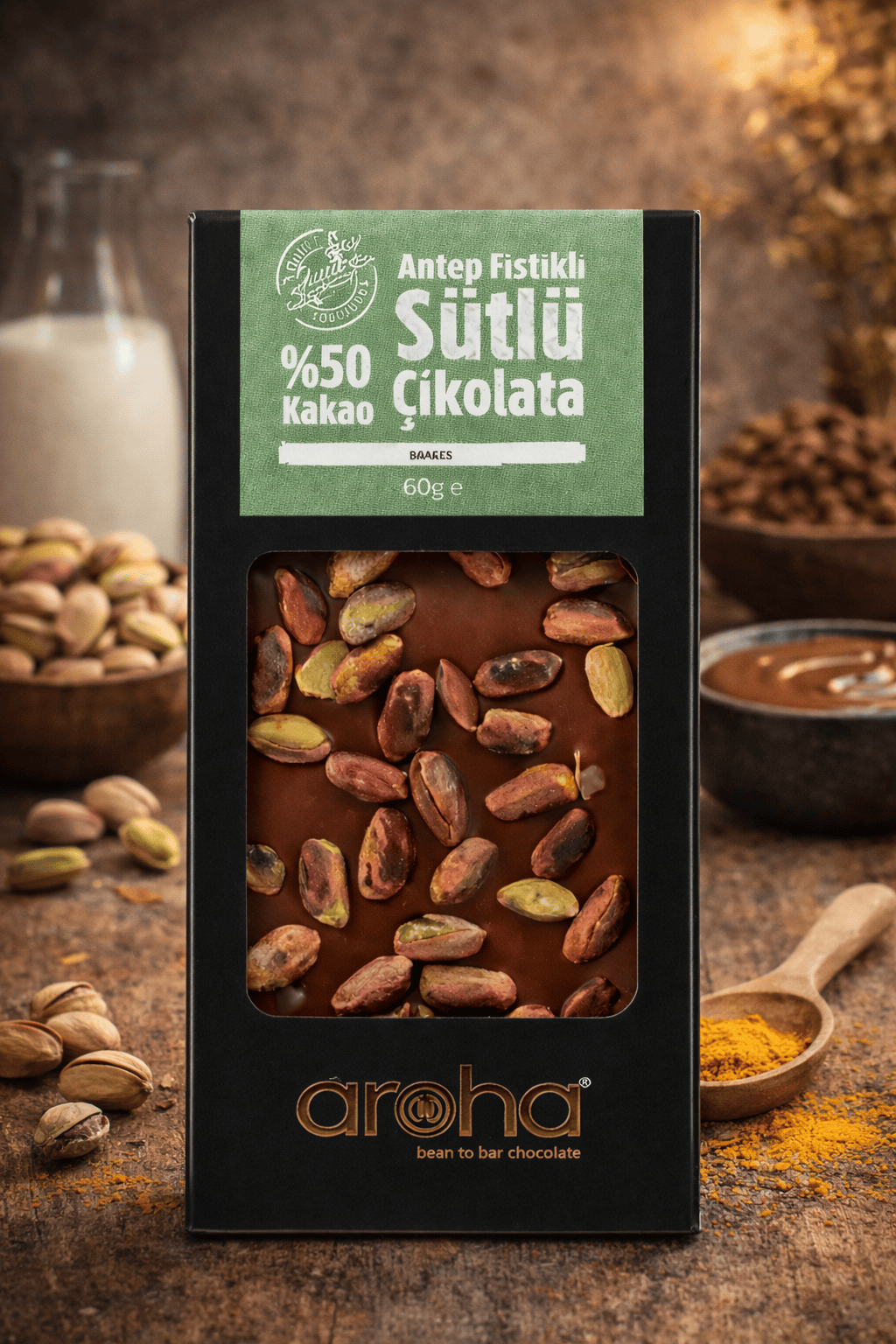 Organik Antep Fıstıklı Sütlü Çikolata 100 gr