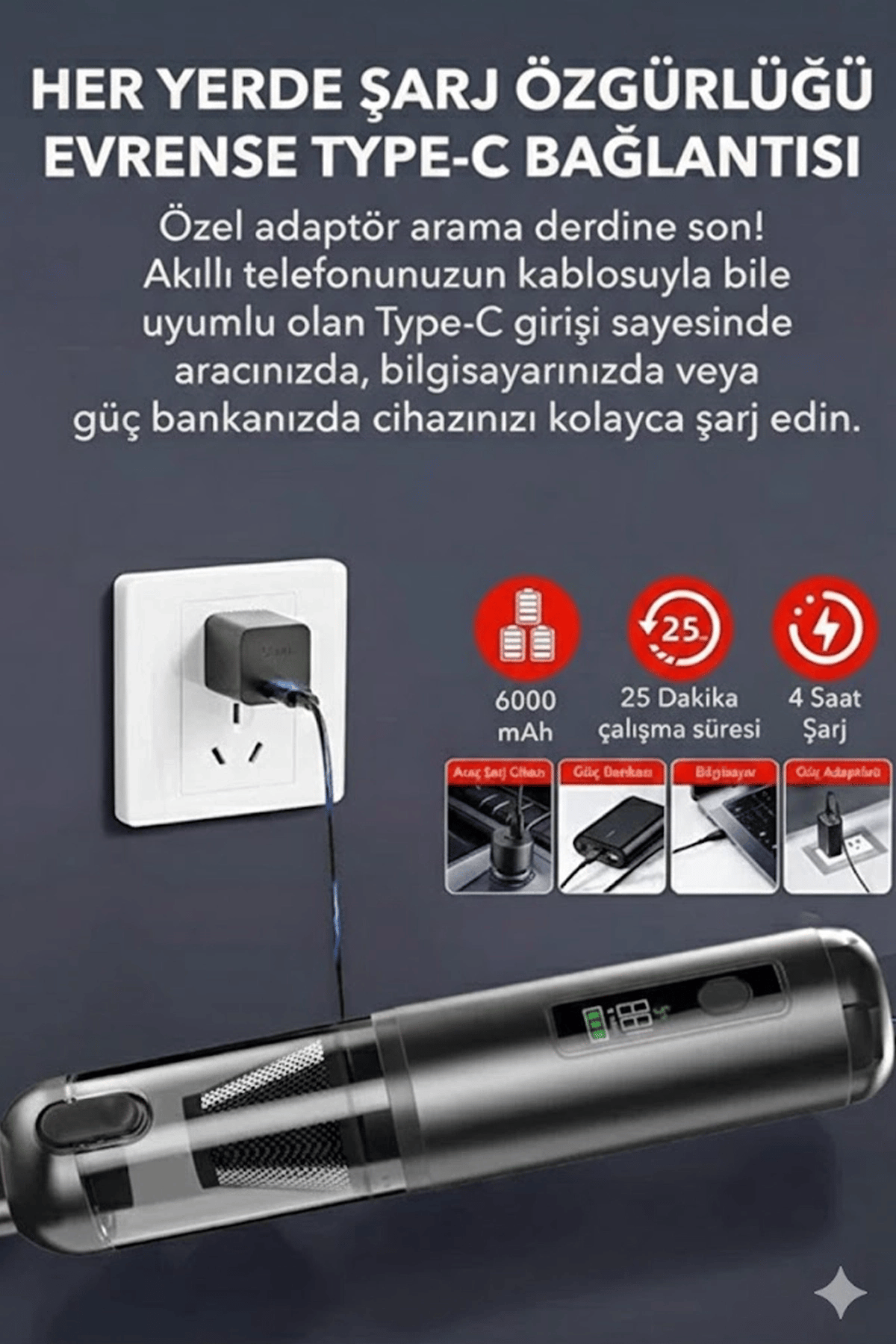 Araç Süpürgesi Şarjlı 120w 20.000pa Göstergeli Yeni Nesil Metal Filtre Extra Vakum Ve Üfleme