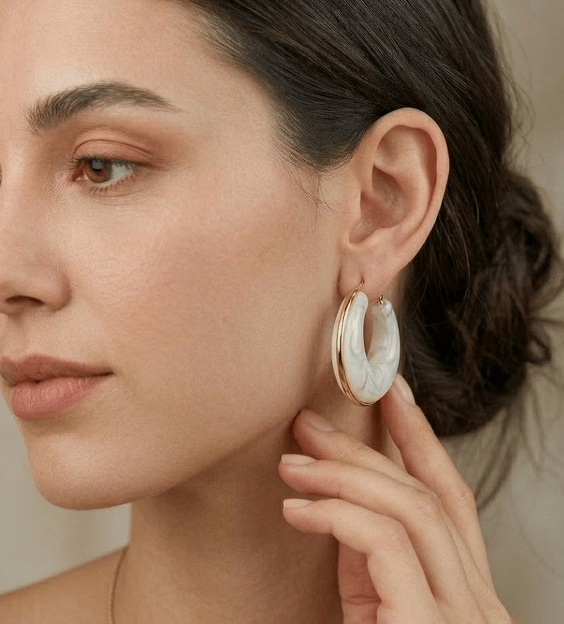 Beyaz Marble Gold Halka Küpe