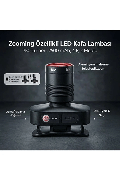 Bxt1fl 10w Şarj Edilebilir Kafa Feneri 750 Lümen 2500mah 4 Işık Modlu Zoom Özellikli Led Kafa