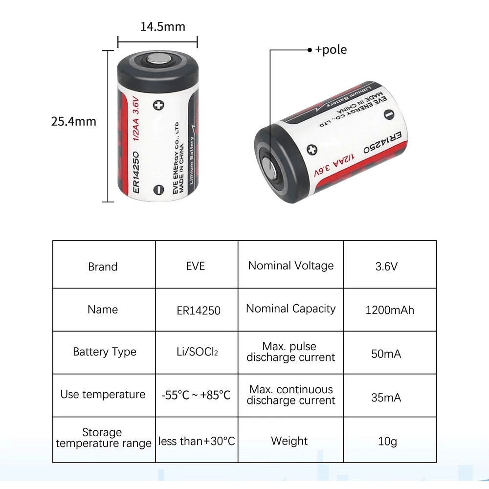 Eve Er14250 1/2aa Size 3.6v 1200 Mah Şarjsız Li-socl2 Lithium Pil
