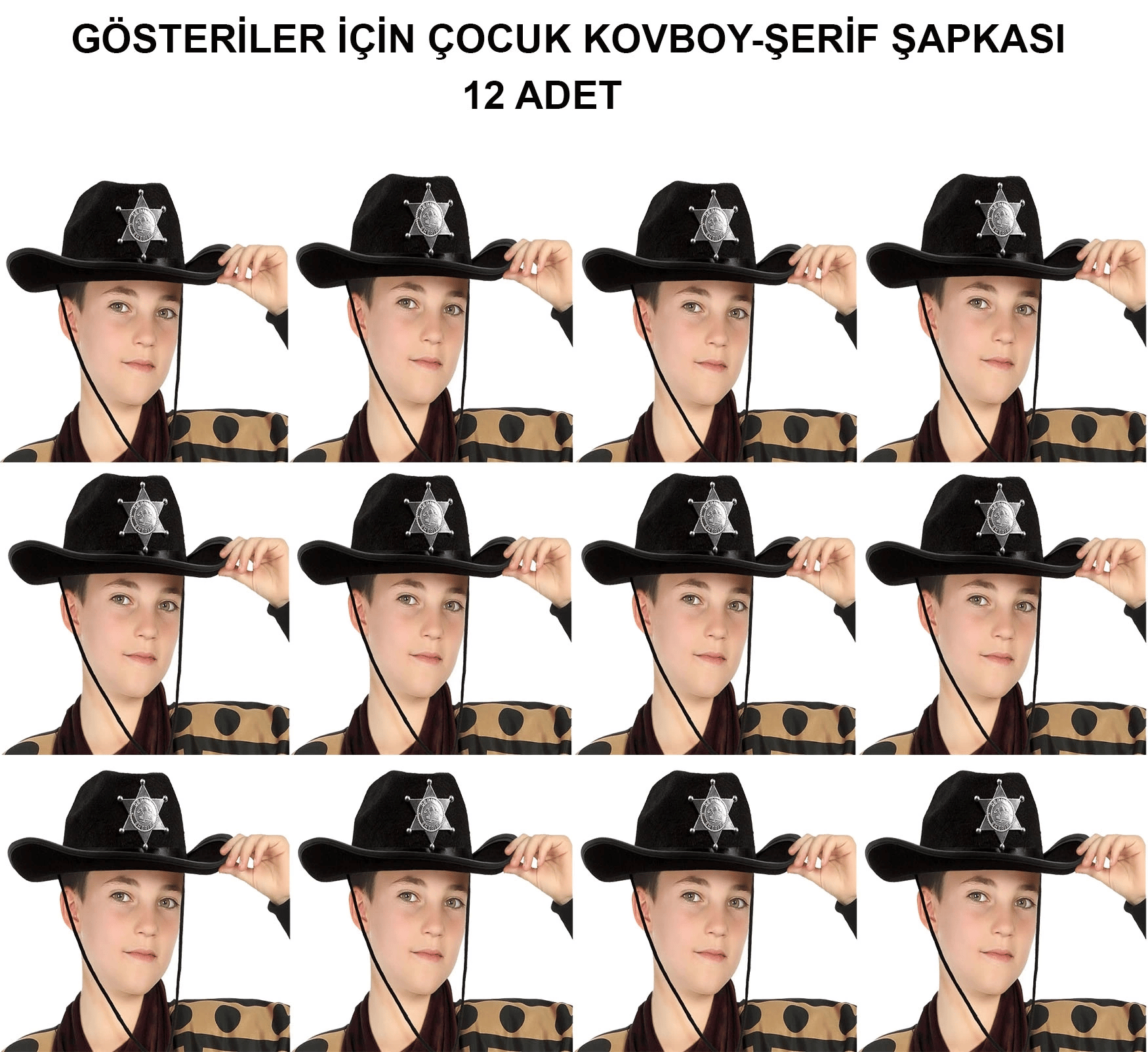 Kovboy Şerif Şapkası Siyah 12 Adet - Kostüm, Parti Ve Gösteri Şapkası
