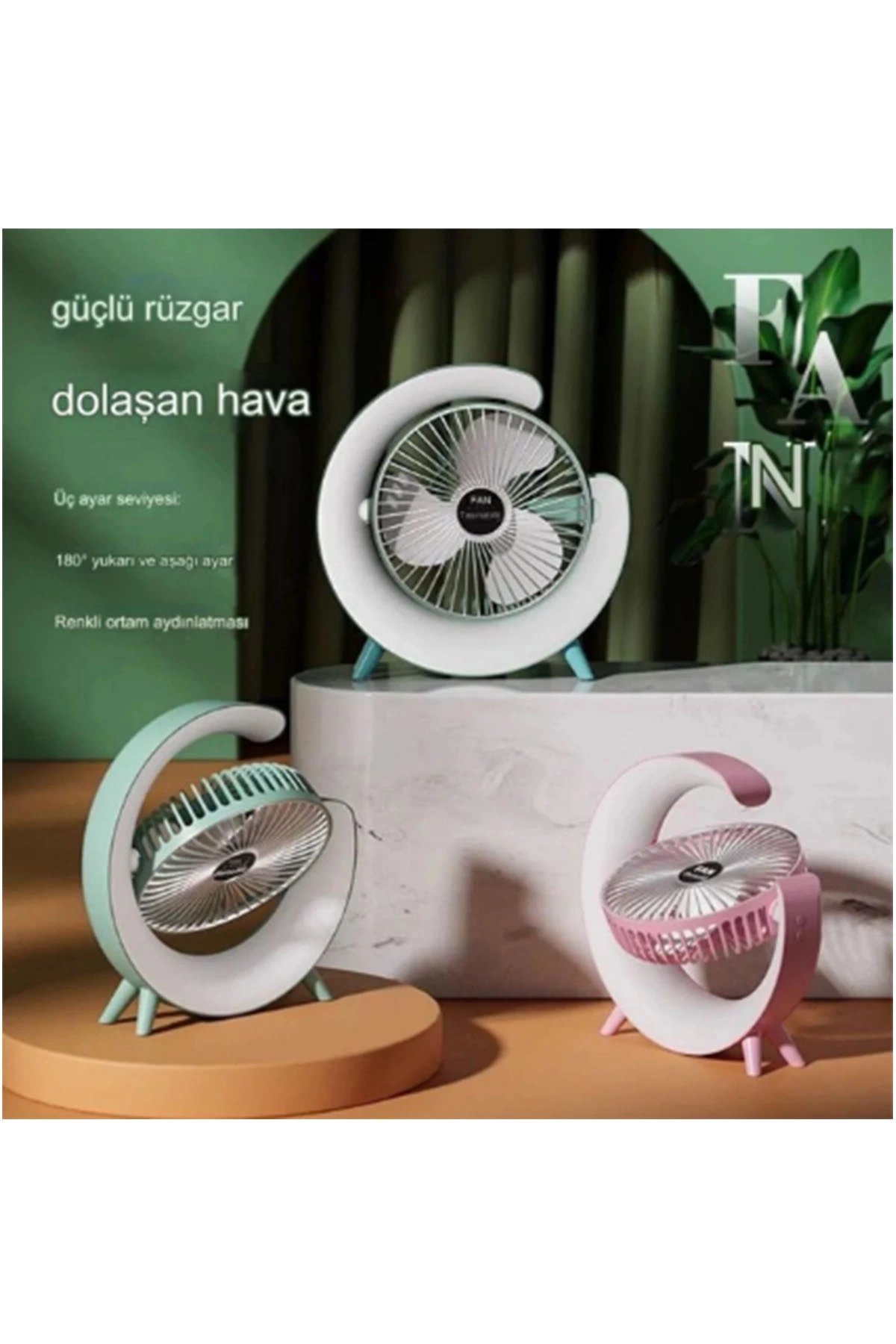 Masaüstü Vantilatör Usb Şarjlı Rgb Led Işıklı 3 Kademeli 180° Ayarlanabilir Soğutucu Fan Yeşil