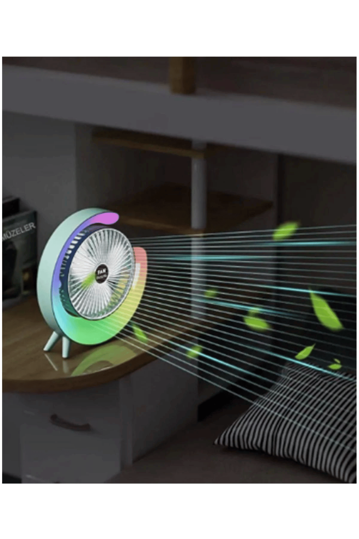 Masaüstü Vantilatör Usb Şarjlı Rgb Led Işıklı 3 Kademeli 180° Ayarlanabilir Soğutucu Fan Pembe