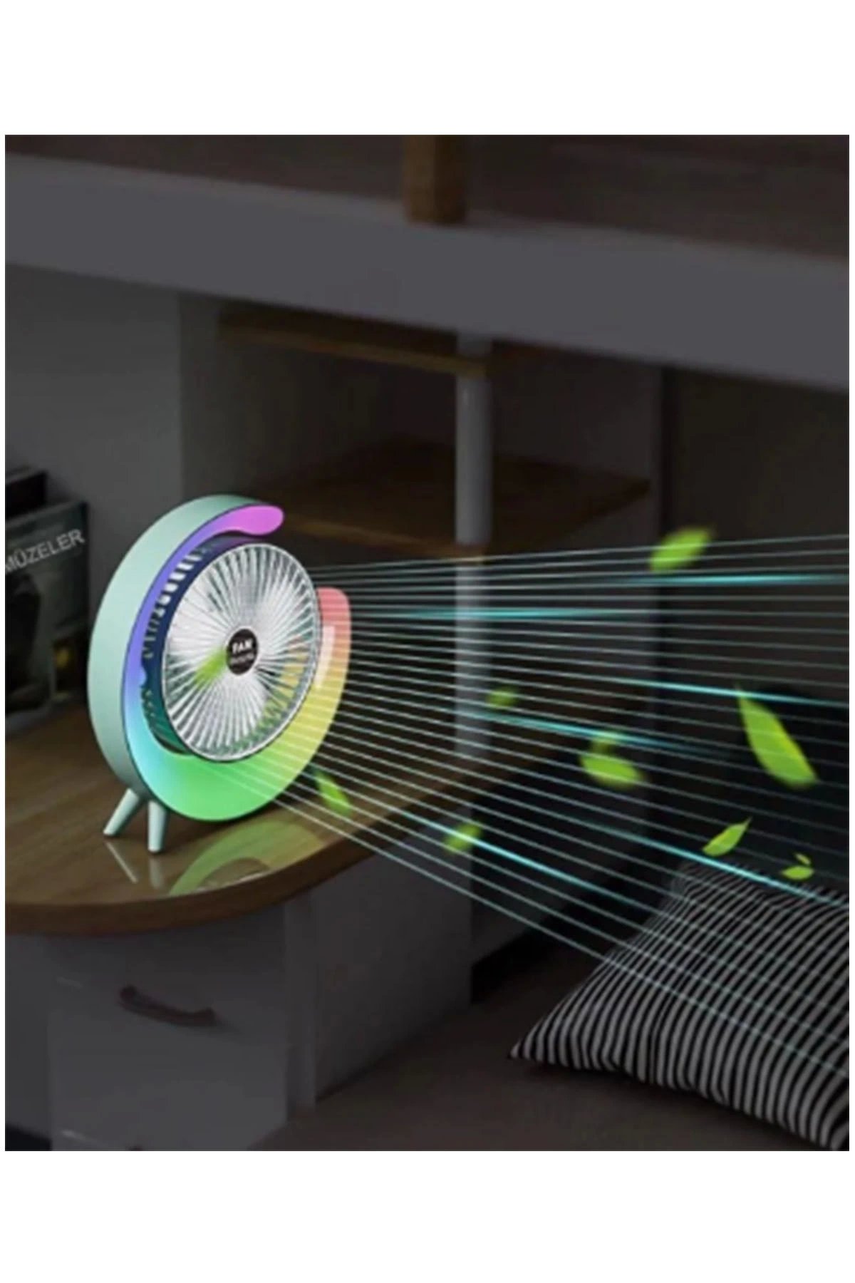 Masaüstü Vantilatör Usb Şarjlı Rgb Led Işıklı 3 Kademeli 180° Ayarlanabilir Soğutucu Fan Yeşil