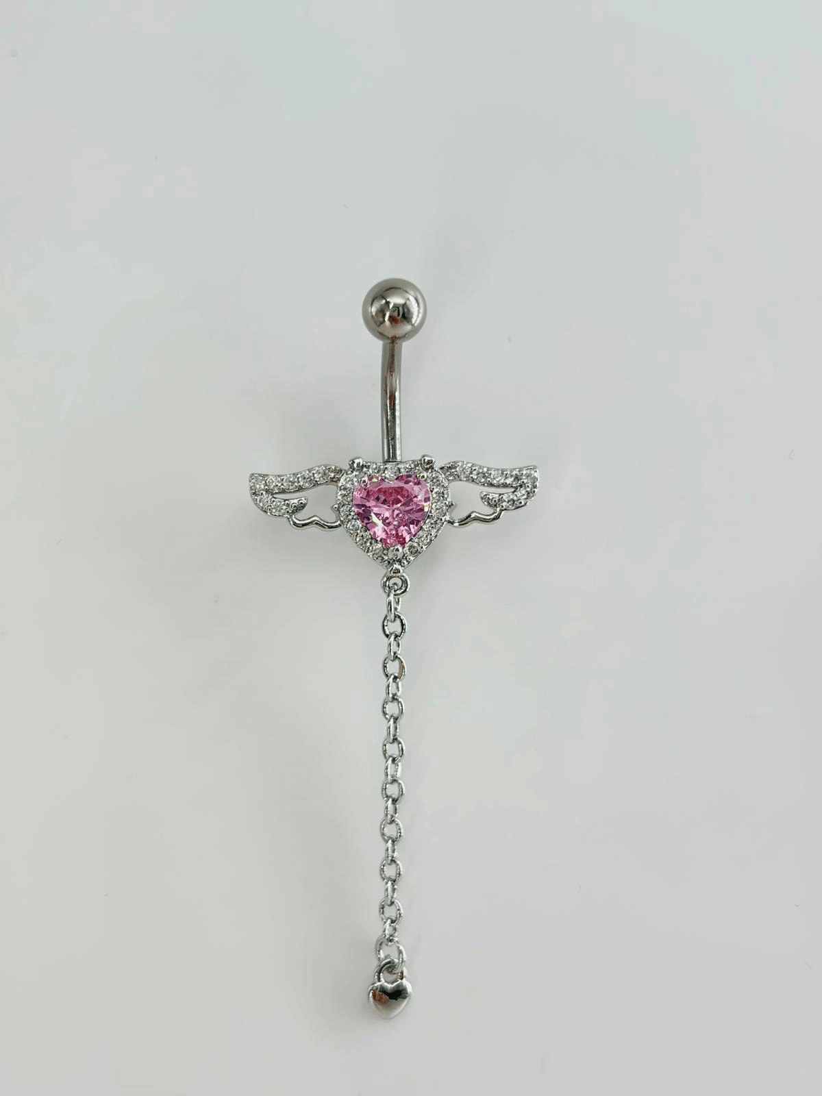 Melek Kanatlı  Pembe Taşlı Kalp Detaylı Sallantılı  Göbek Piercing