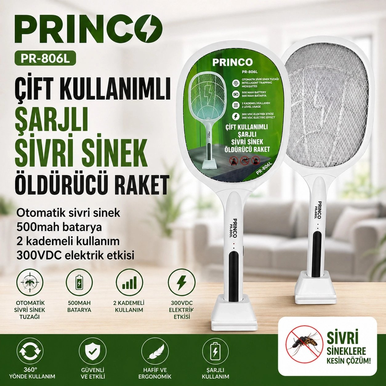 Princo Pr-806l Çift Kullanımlı Şarjlı Sivri Sinek Öldürücü Raket