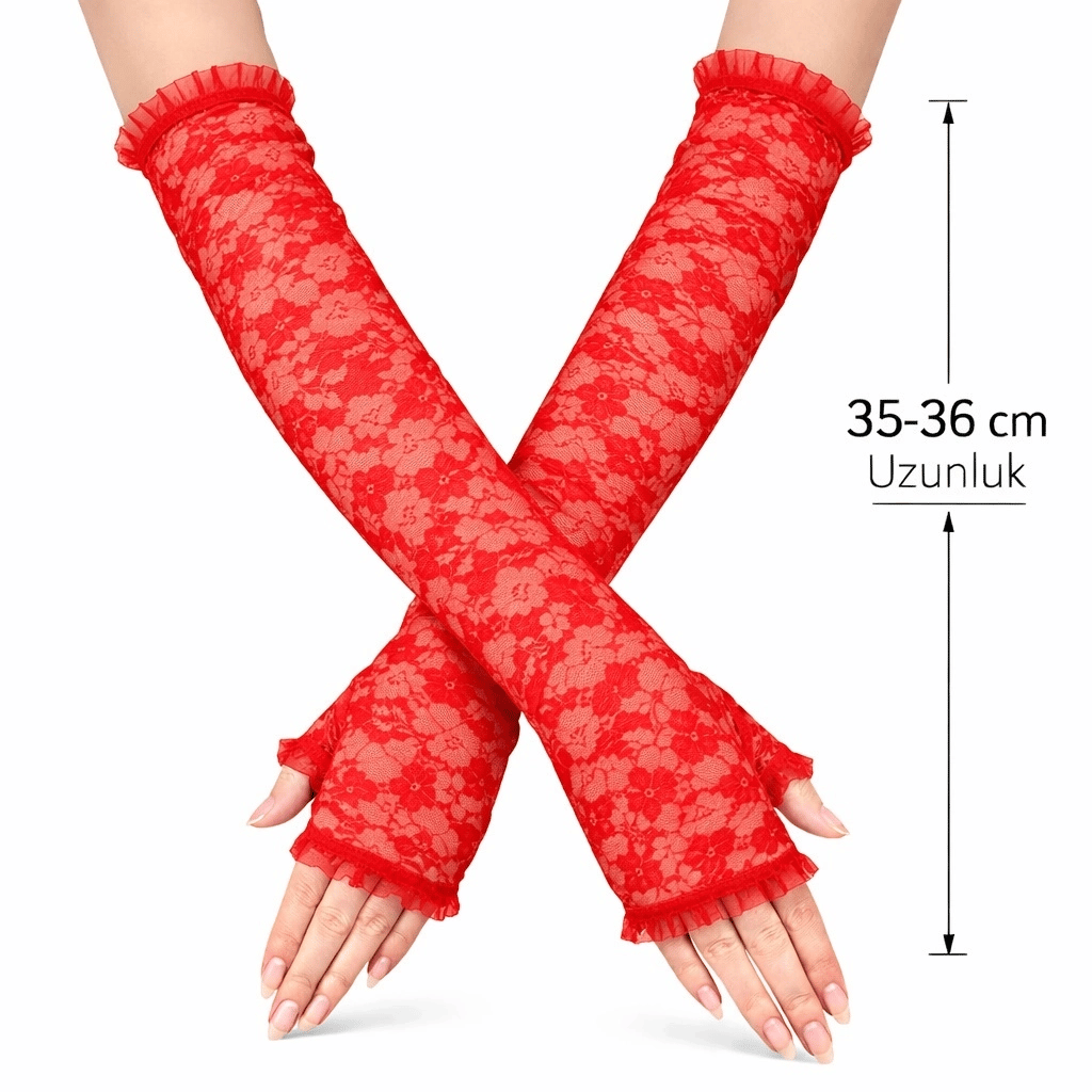 Uzun Zarif Dantel Eldiven Parmaksız Kırmızı 35 Cm