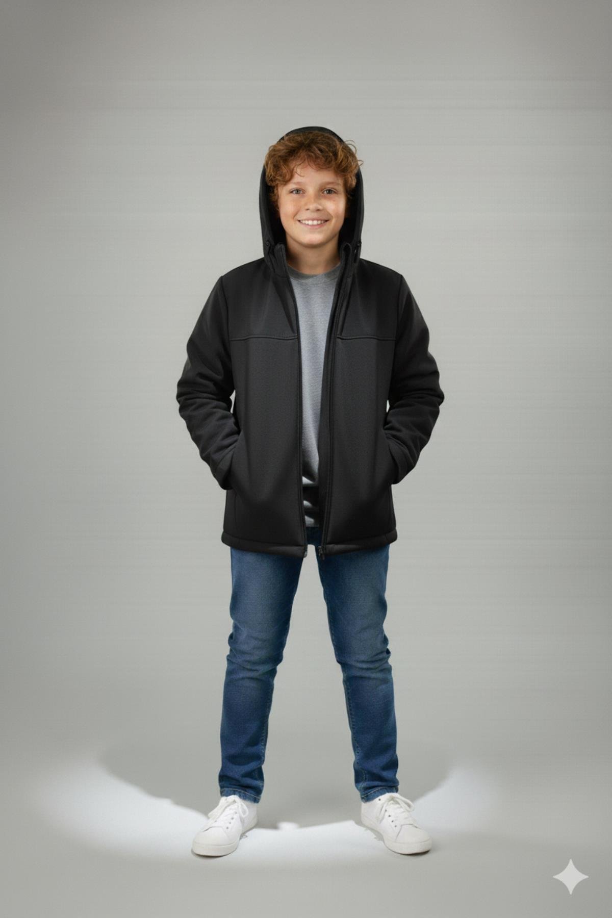 Erkek Çocuk Kapüşonlu Fermuarlı Dik Yaka Su ve Rüzgar Geçirmez Softshell Mont