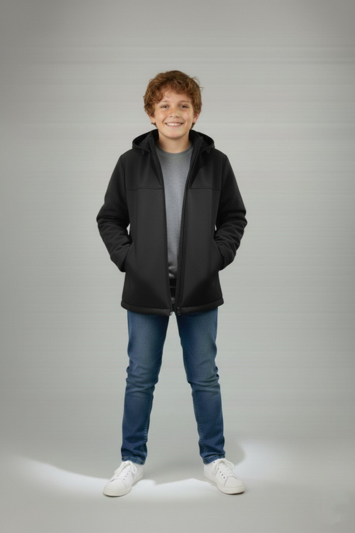 Erkek Çocuk Kapüşonlu Fermuarlı Dik Yaka Su ve Rüzgar Geçirmez Softshell Mont