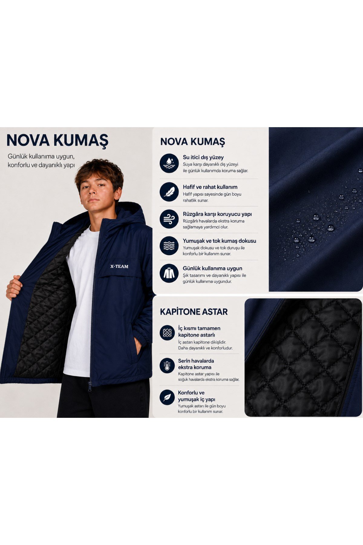 Erkek Çocuk Nova Kumaş Kapitone Astarlı Kapüşonlu Su Geçirmez Yağmurluk