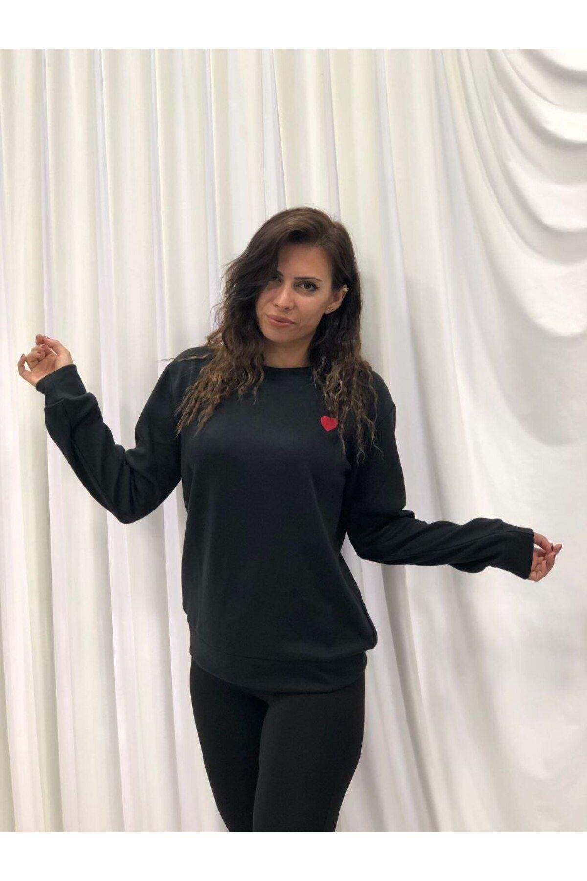 Kalp Nakışlı Bisiklet Yaka Oversize Sweatshirt (Ktn)