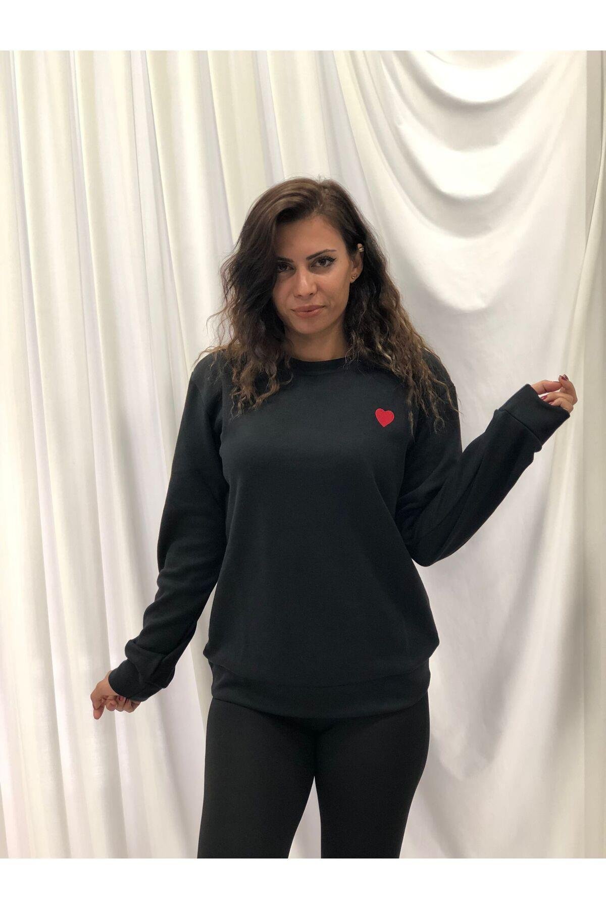 Kalp Nakışlı Bisiklet Yaka Oversize Sweatshirt (Ktn)