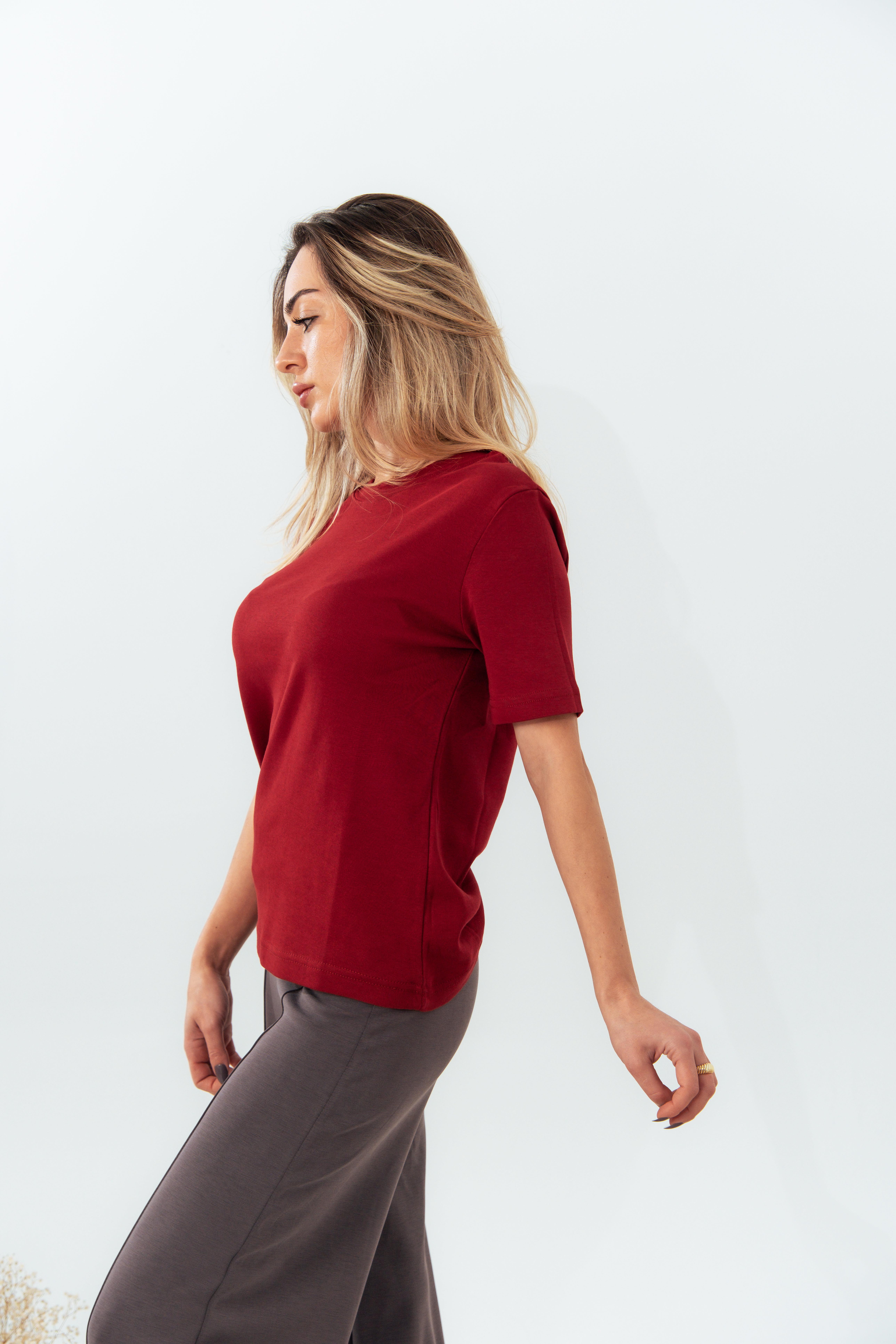 Bordo Bisiklet Yaka Kısa Kol T-shirt