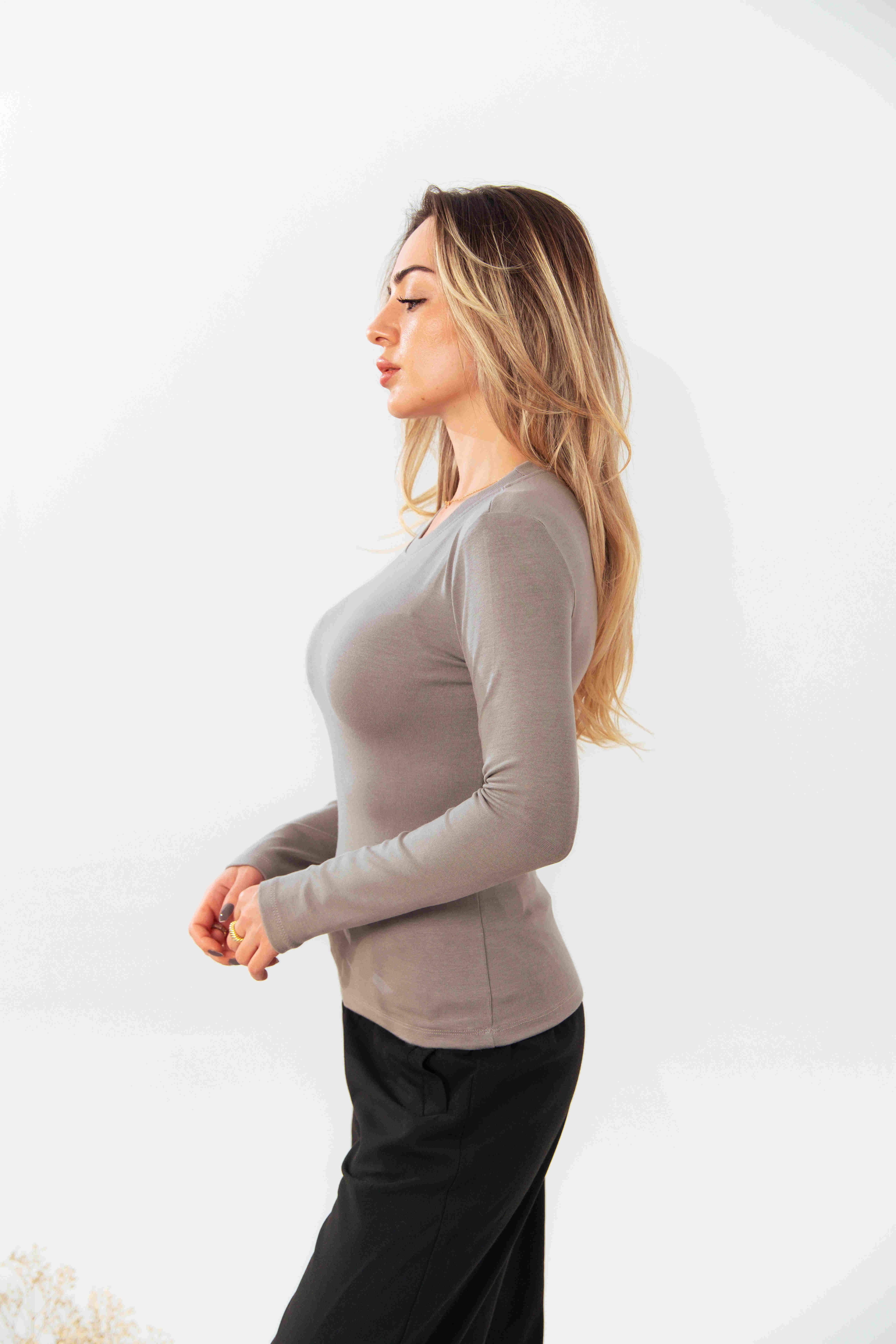 Gri Likralı Bisiklet Yaka Uzun Kollu Body