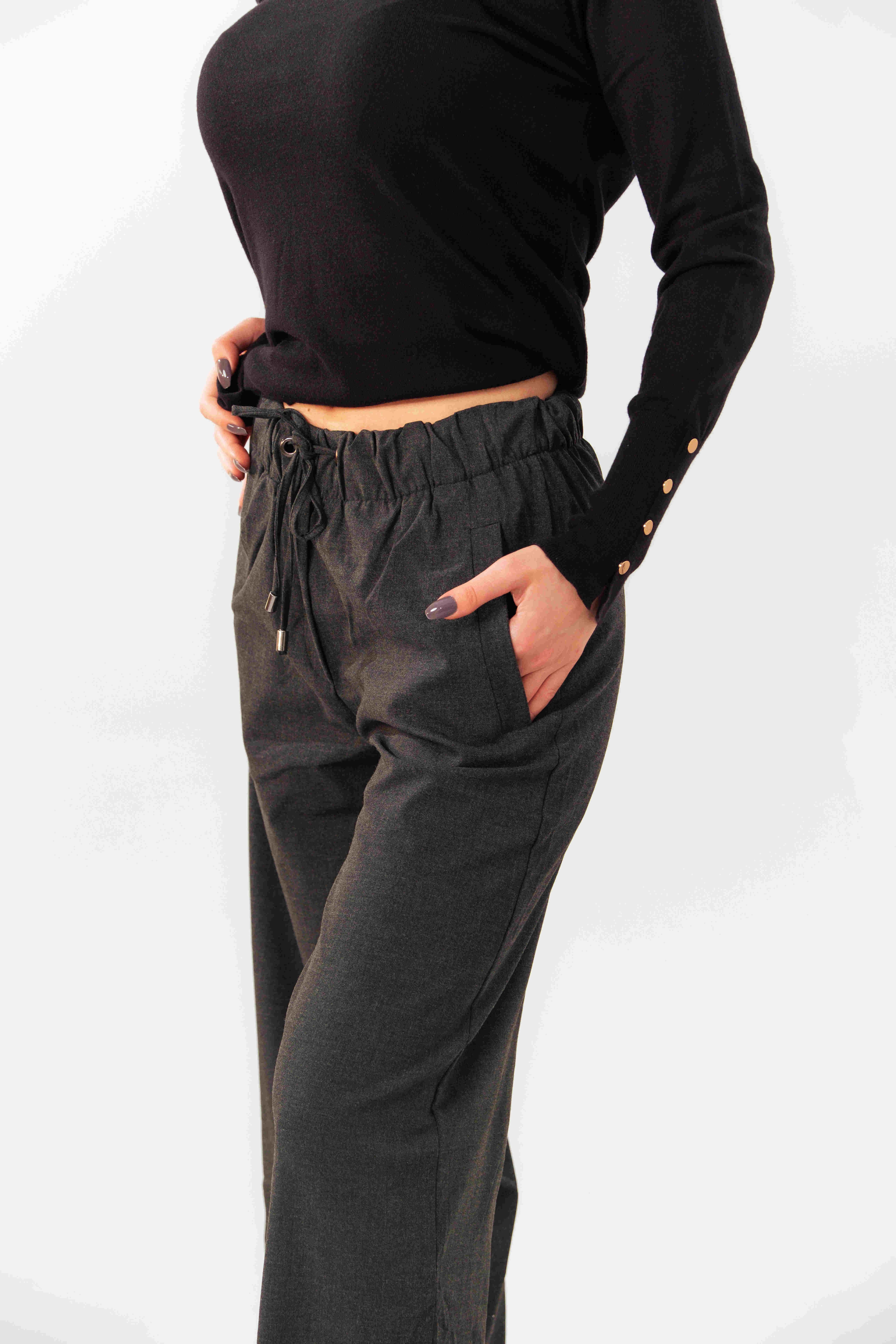 Koyu Gri Gabardin Bol Paça Pantolon