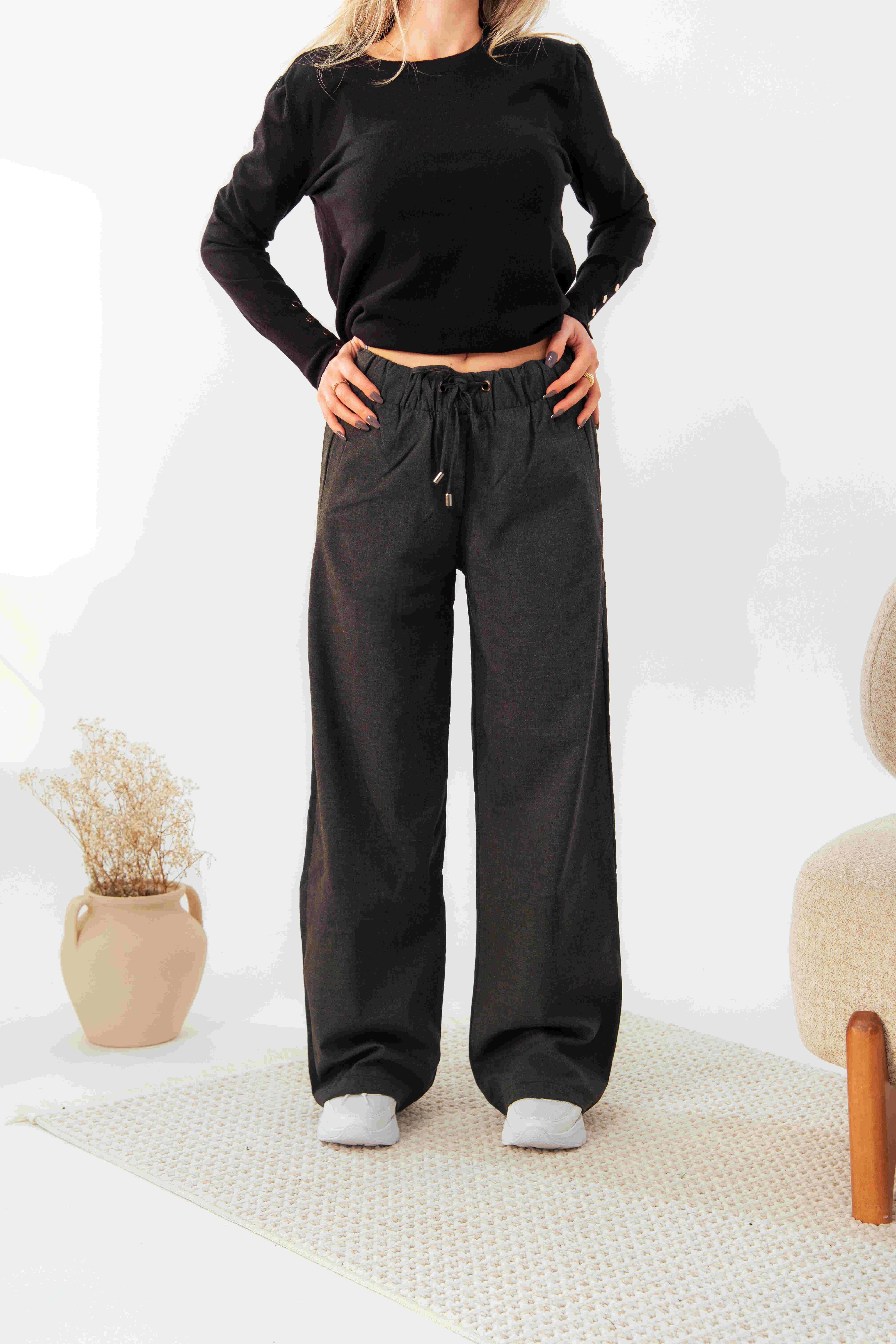 Koyu Gri Gabardin Bol Paça Pantolon
